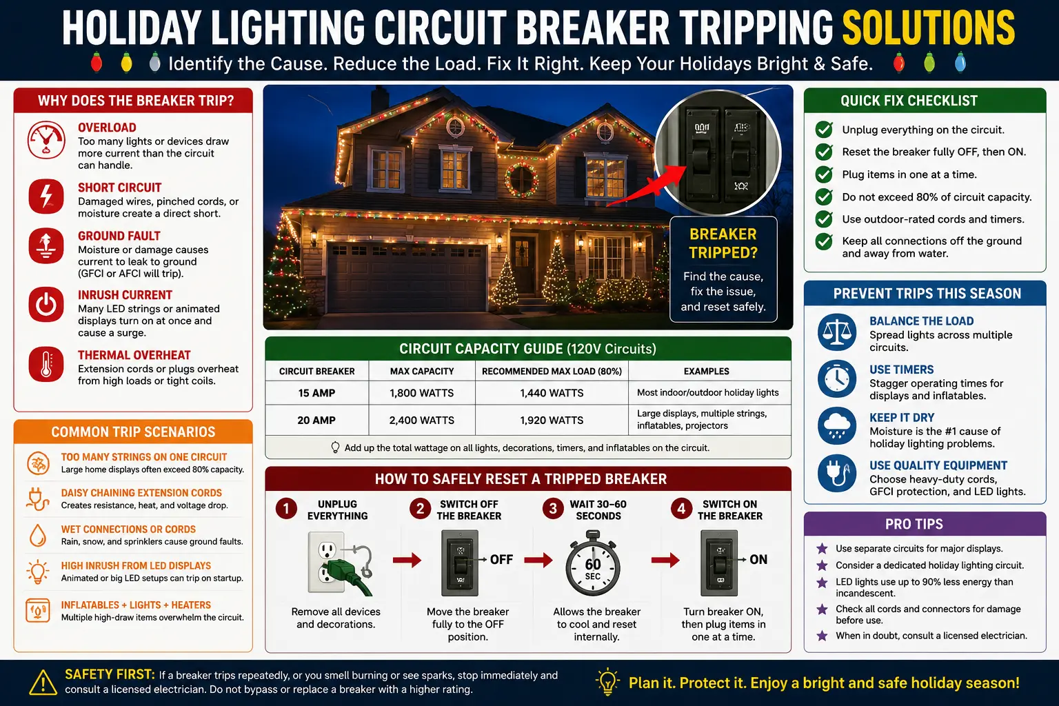 Holiday lighting circuit breaker tripping solutions for Christmas lights outdoor GFCI trips overloaded extension cords and safe display power planning