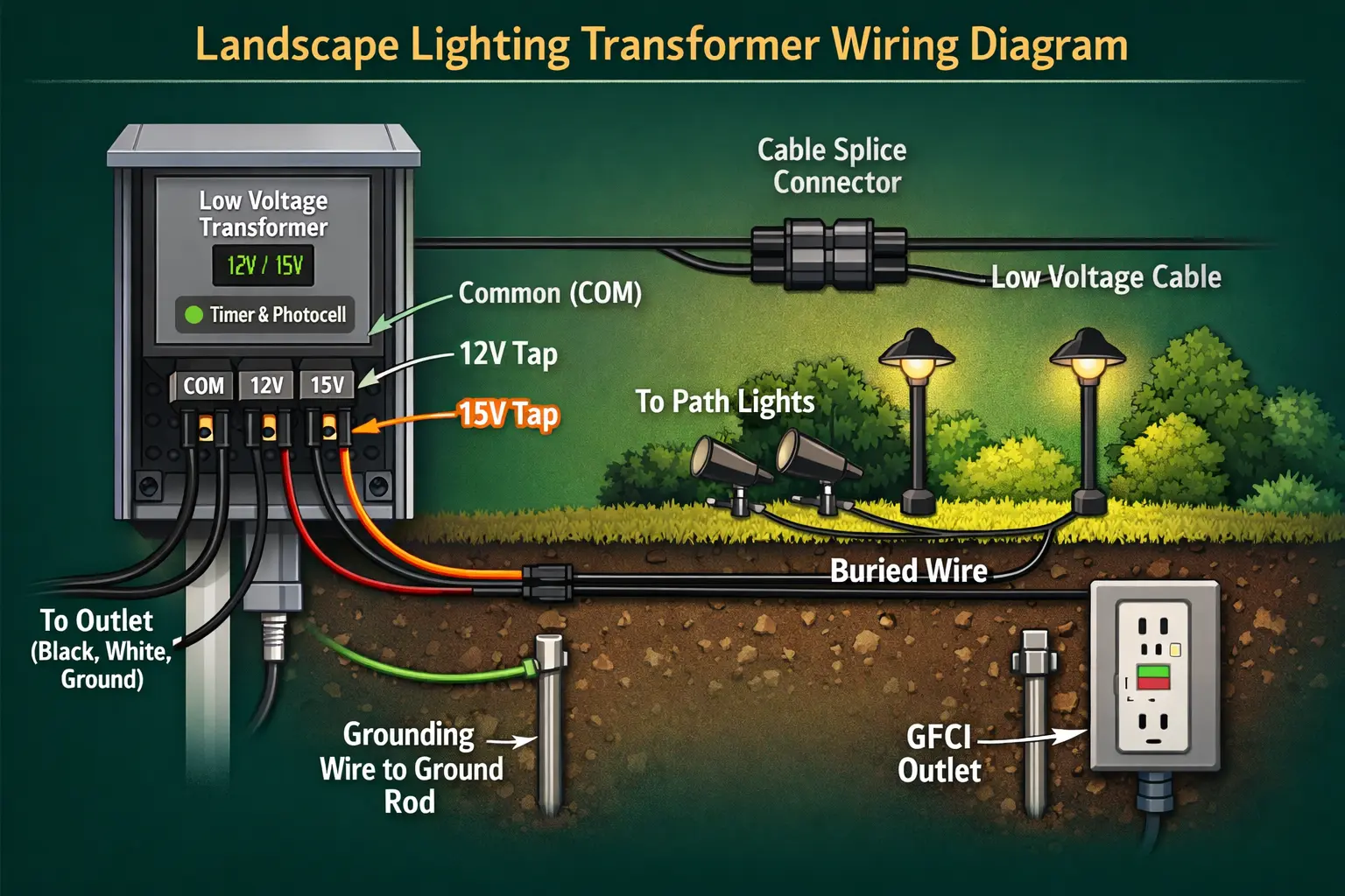 Low voltage landscape lighting transformer wiring diagram showing power input, output terminals, low voltage cable, and landscape light fixtures