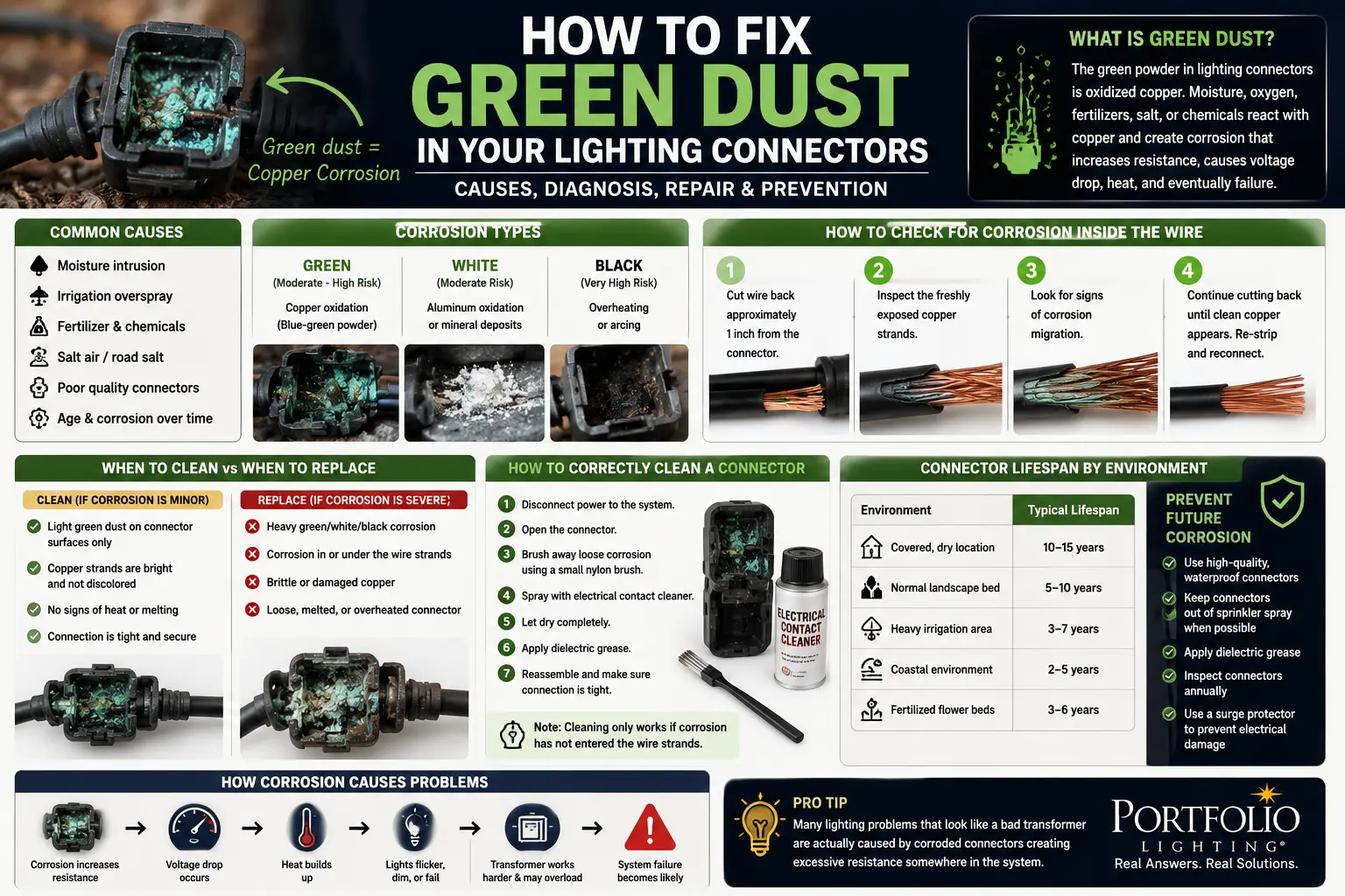 Green dust inside landscape lighting connectors copper corrosion repair voltage drop and waterproof connector replacement guide