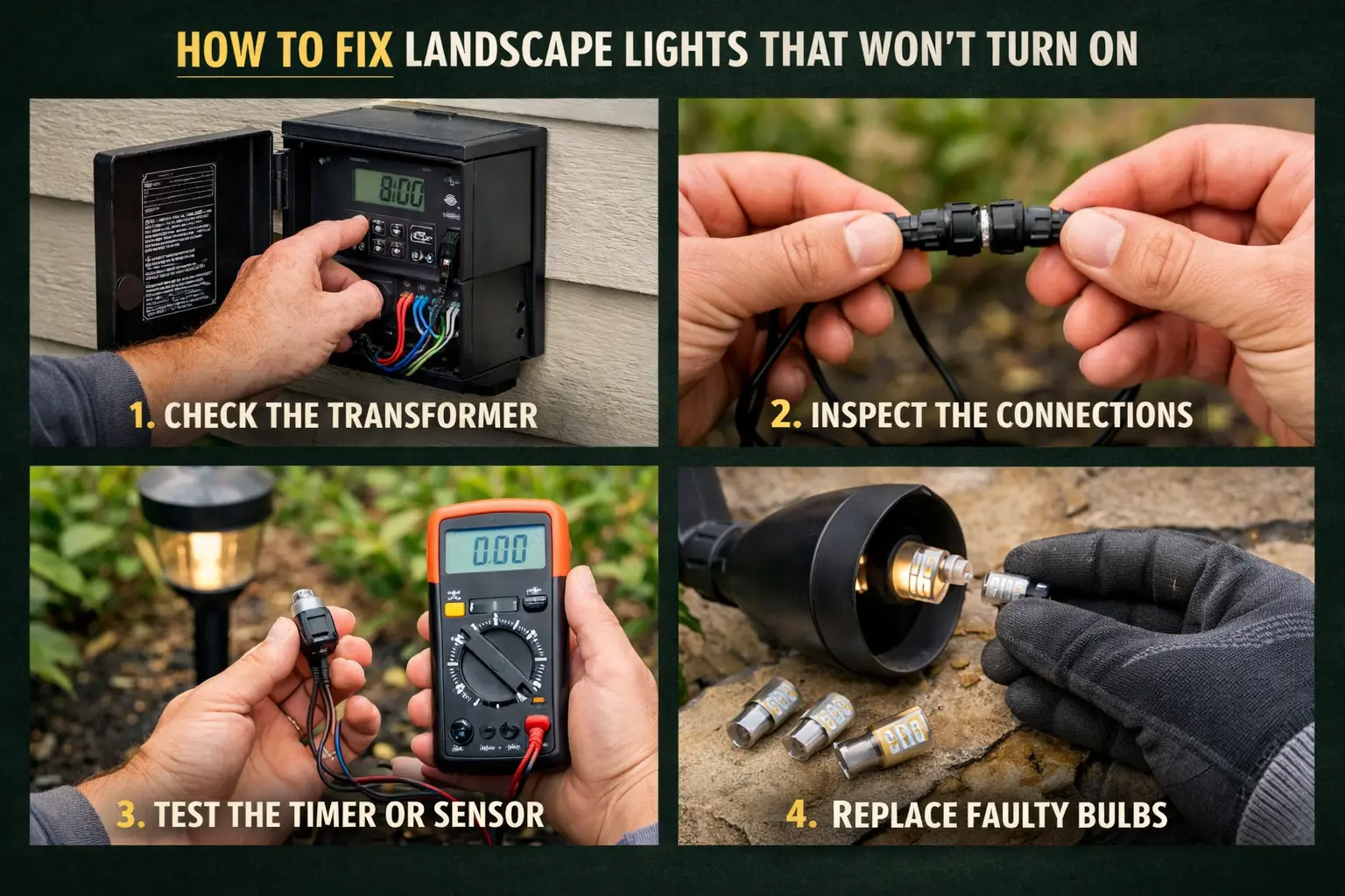 How to fix landscape lights that won't turn on including transformer, timer, wiring, path lights, and outdoor fixture troubleshooting