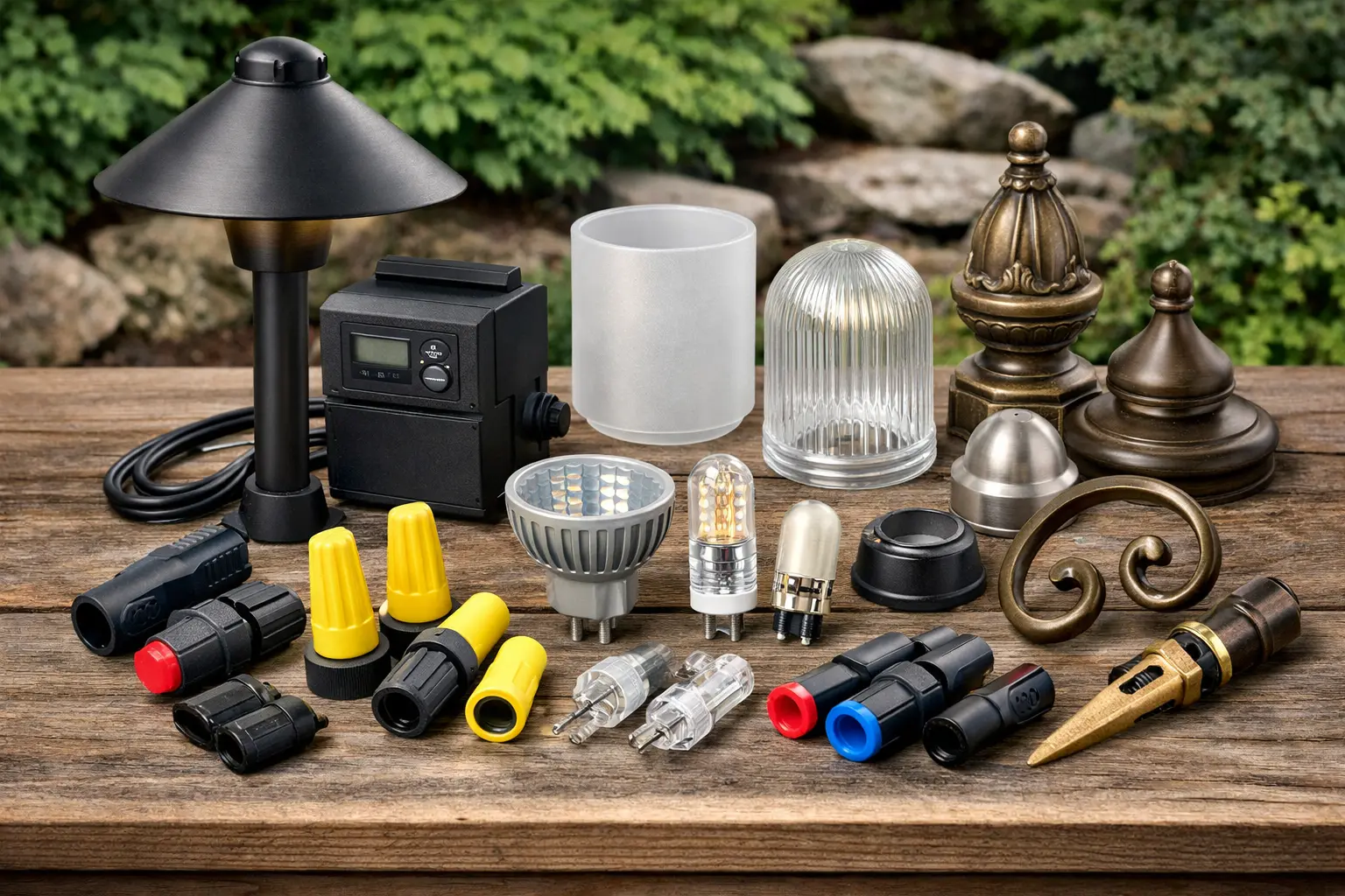 Kichler lighting replacement parts for landscape fixtures, transformers, glass, bulbs, connectors, and decorative lighting hardware