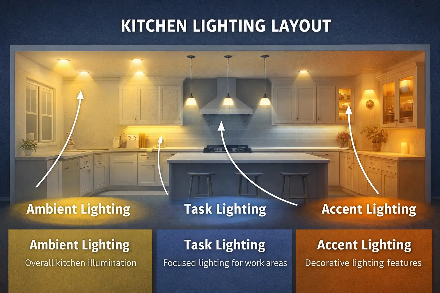 Kitchen lighting layout diagram showing recessed lights pendant lights and under cabinet lighting
