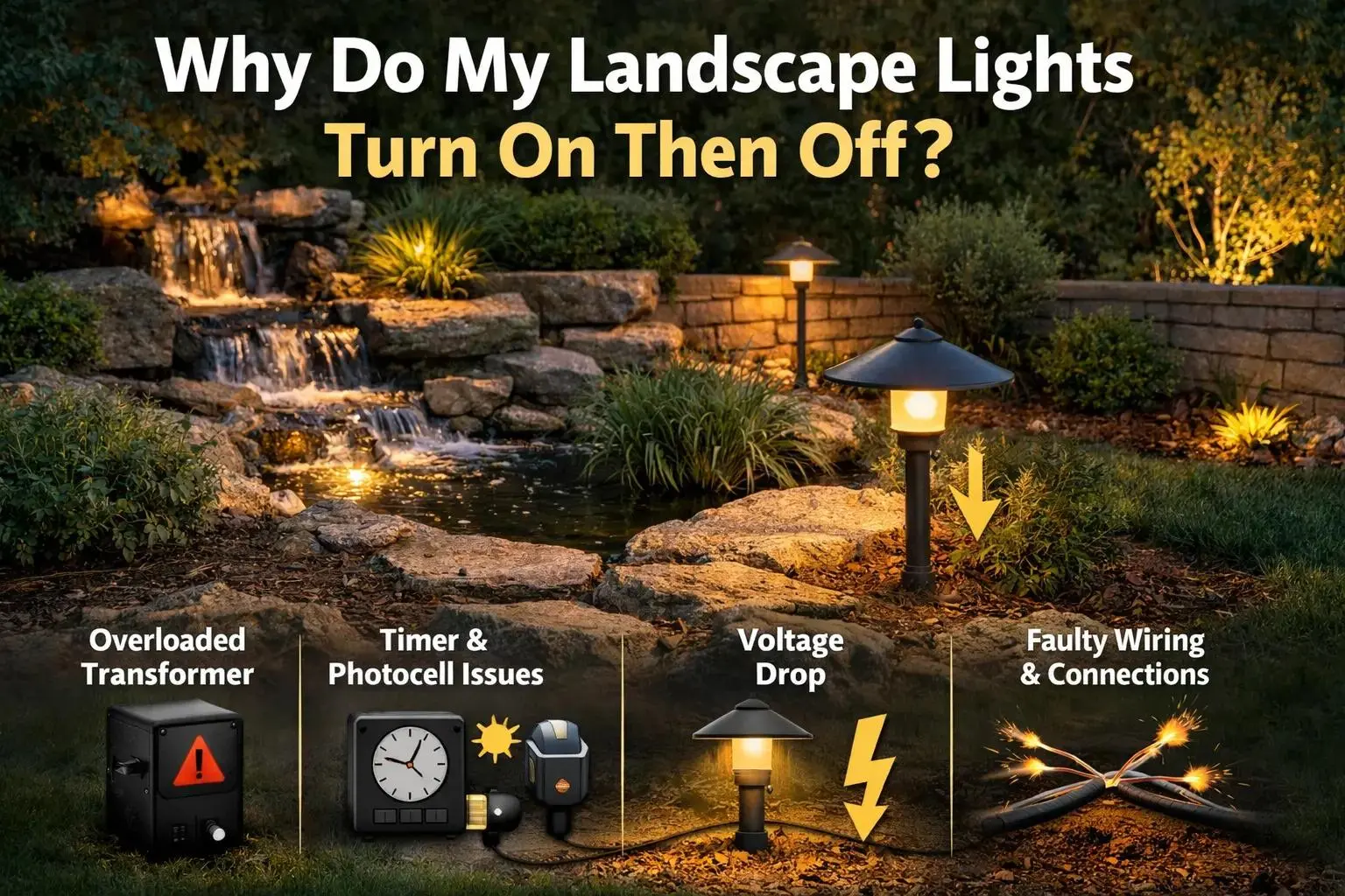 Landscape lighting all lights out at once — GFCI reset, breaker panel, transformer internal breaker, timer photocell, dead transformer diagnosis guide