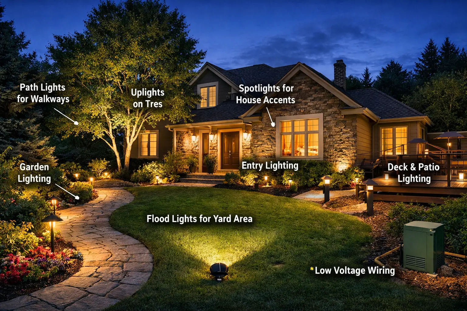 landscape lighting around a house showing path lights and uplighting