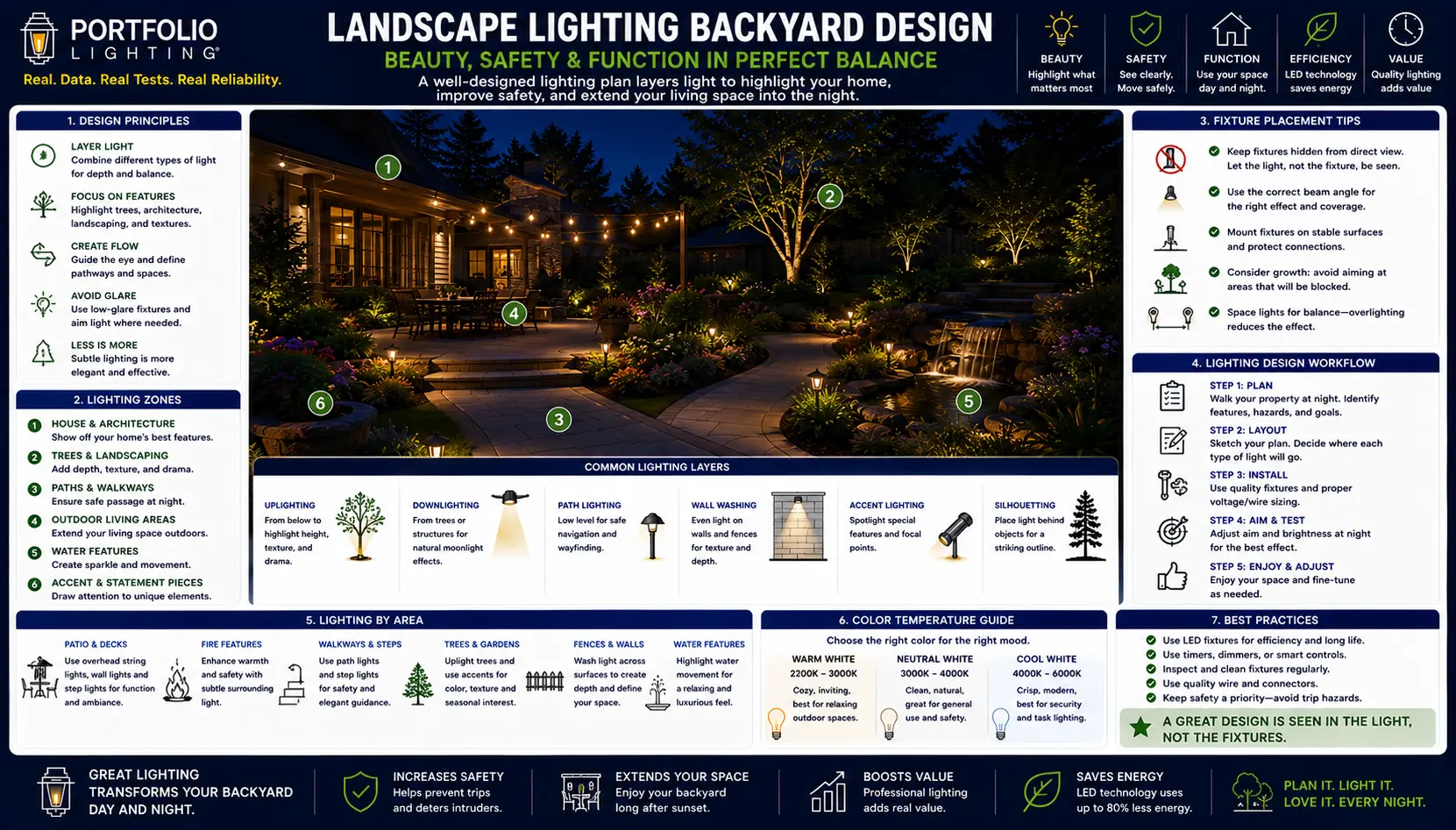 Beautifully lit backyard at night showing layered landscape lighting design with patio area lights, garden path lights, tree uplights, and pool lighting at 2700K warm white