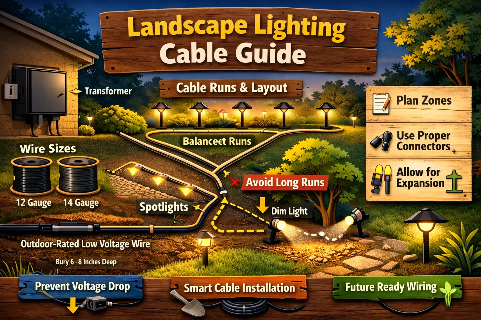 Low voltage landscape lighting cable routed from transformer to outdoor path lights and spotlights