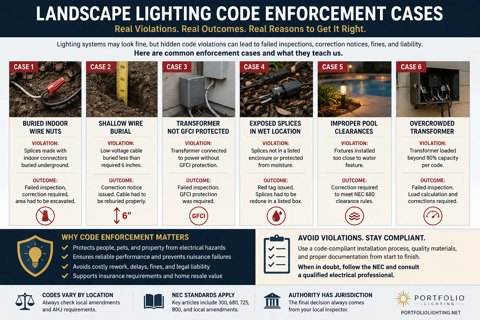 Landscape lighting code enforcement cases real penalties civil liability daily fines property liens unlicensed contractor dark sky ordinance violations