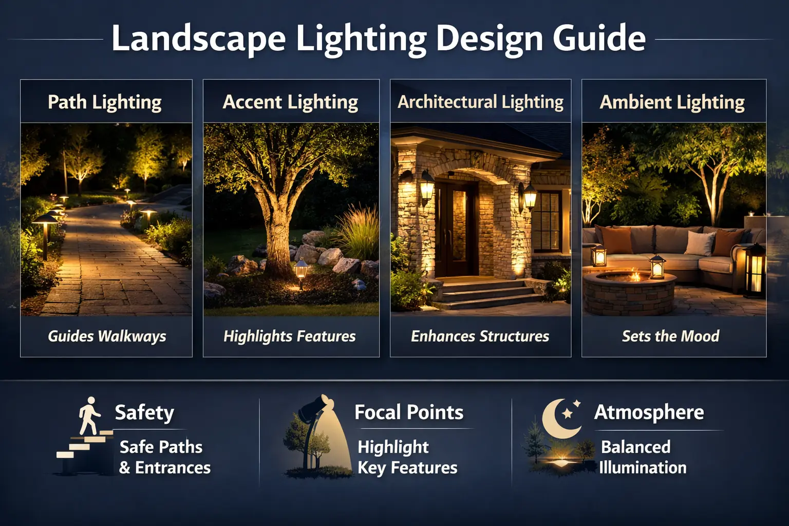 Professionally designed residential landscape lighting with path lights, tree uplighting, architectural lighting, and layered outdoor illumination