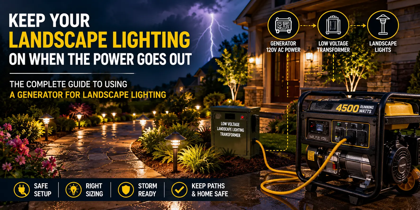 Low voltage landscape lighting powered during a power outage with safe generator backup planning