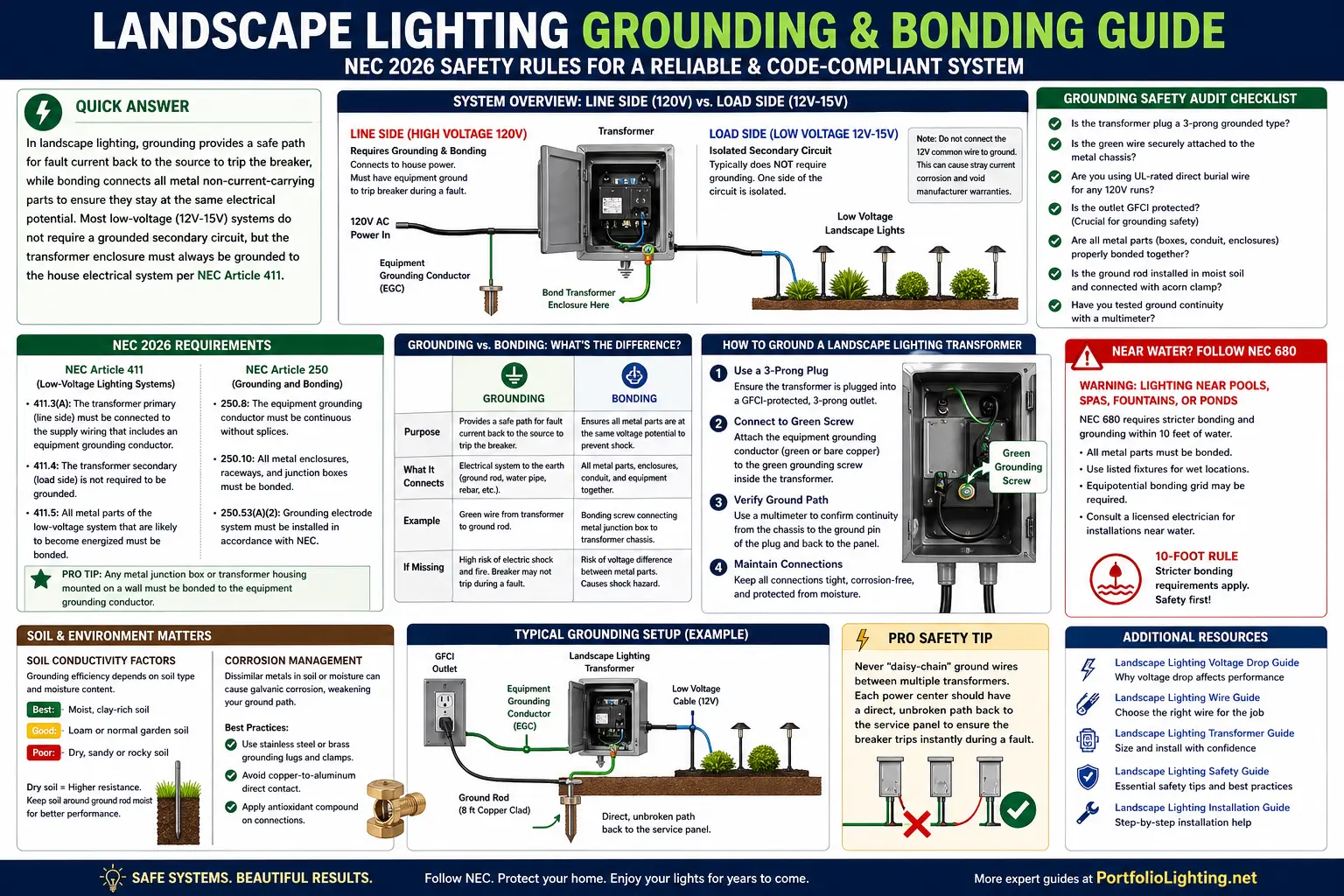 Diagram illustrating the NEC 250 compliant path from the transformer chassis back to the service panel ground bus.