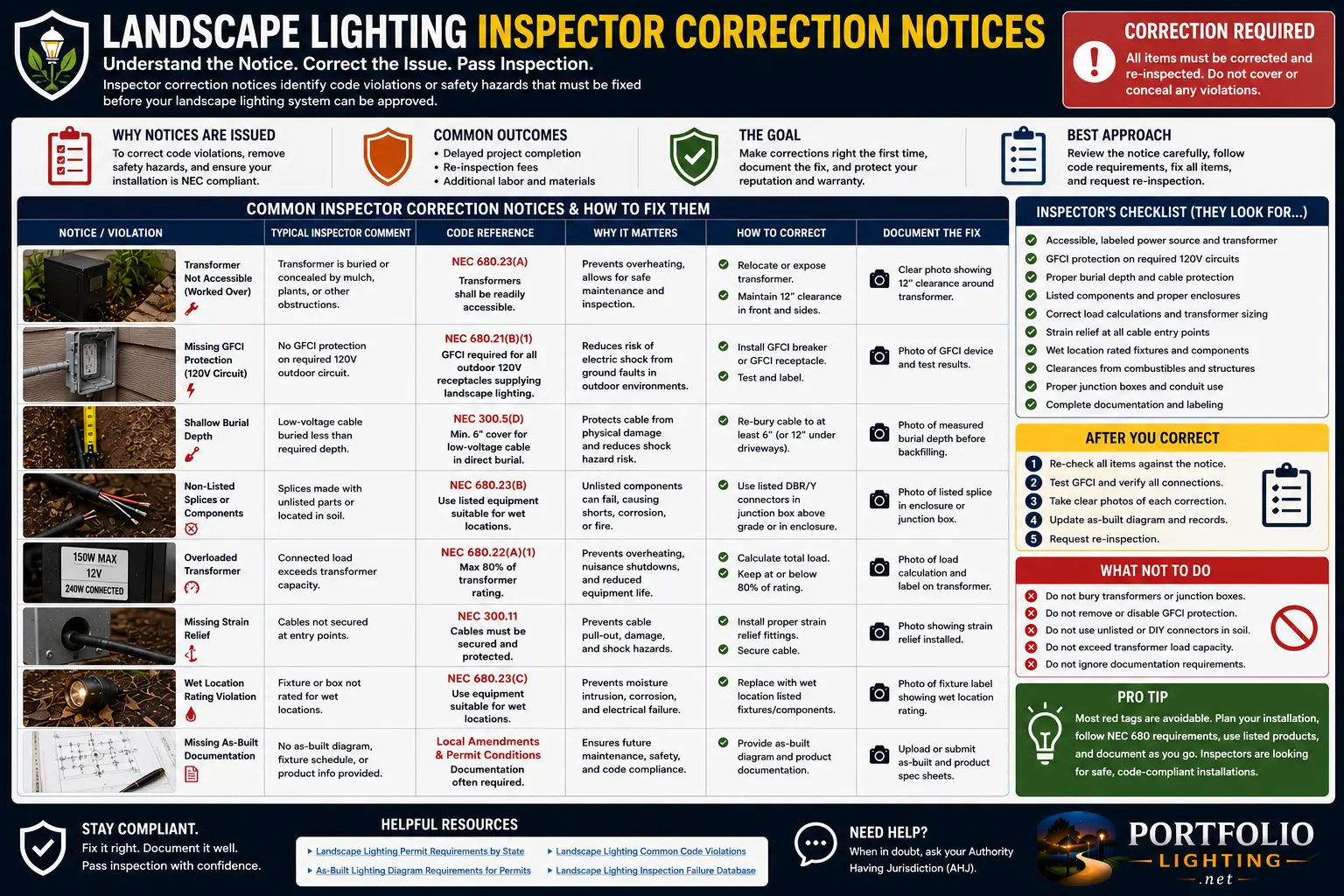 Landscape lighting inspector correction notice response guide open permit title consequences contractor responsibility extension request letter