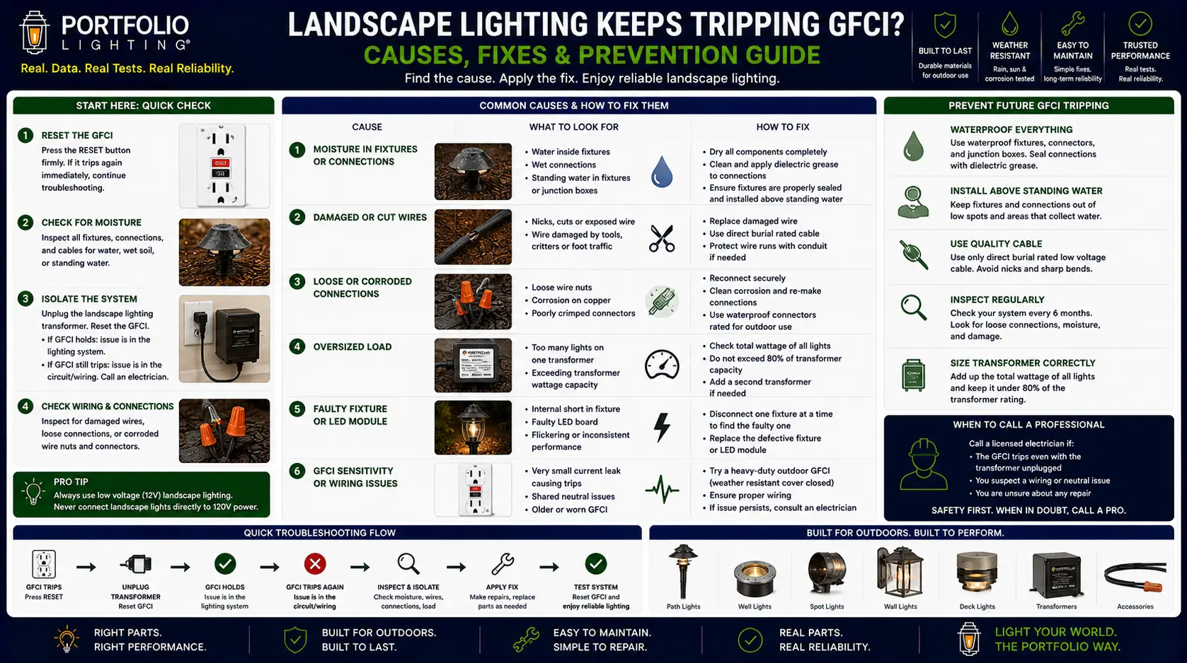 Landscape lighting GFCI outlet tripping diagnosis — ground fault identification and zone isolation repair guide