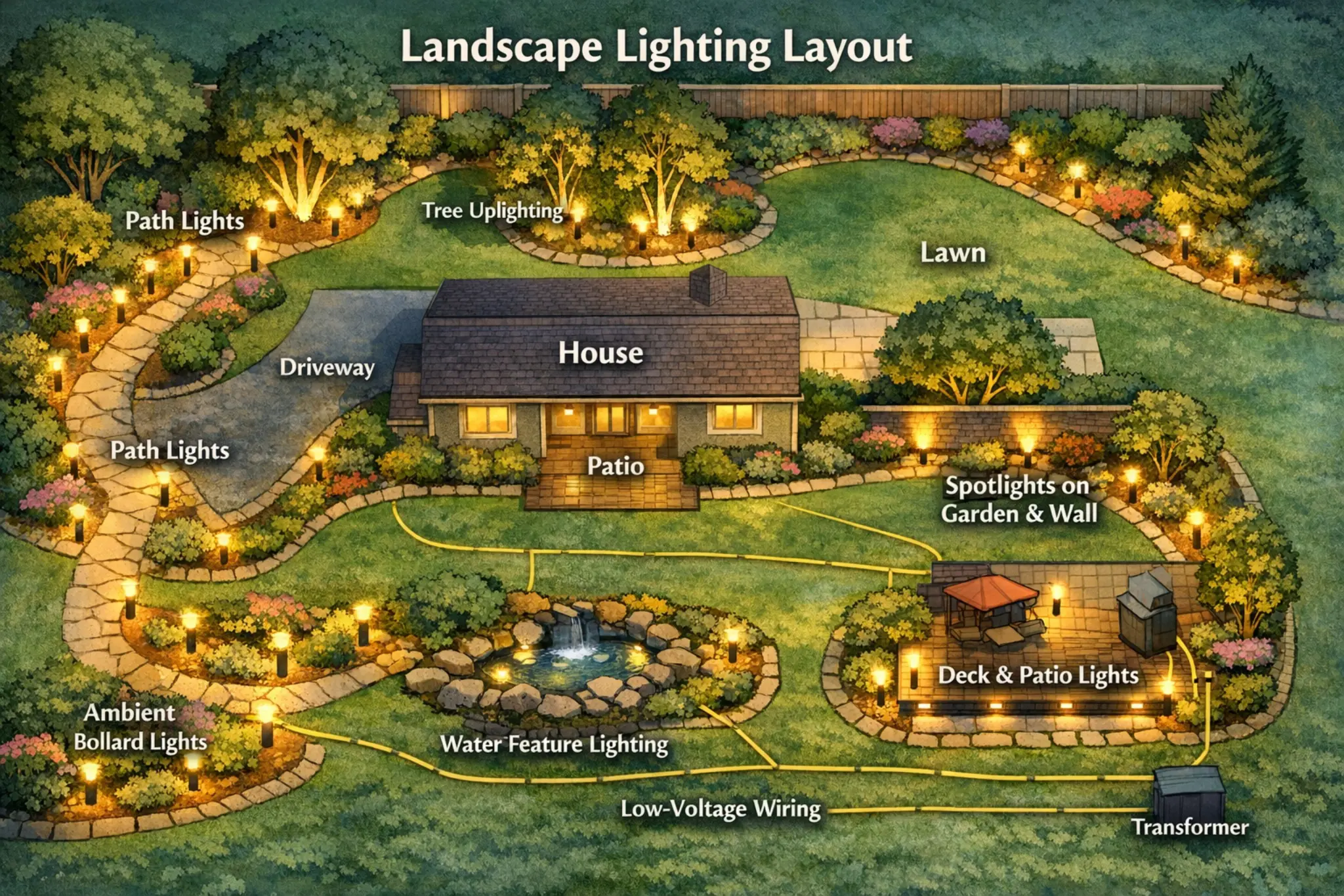Landscape lighting layout design example showing house path lights tree uplighting and transformer
