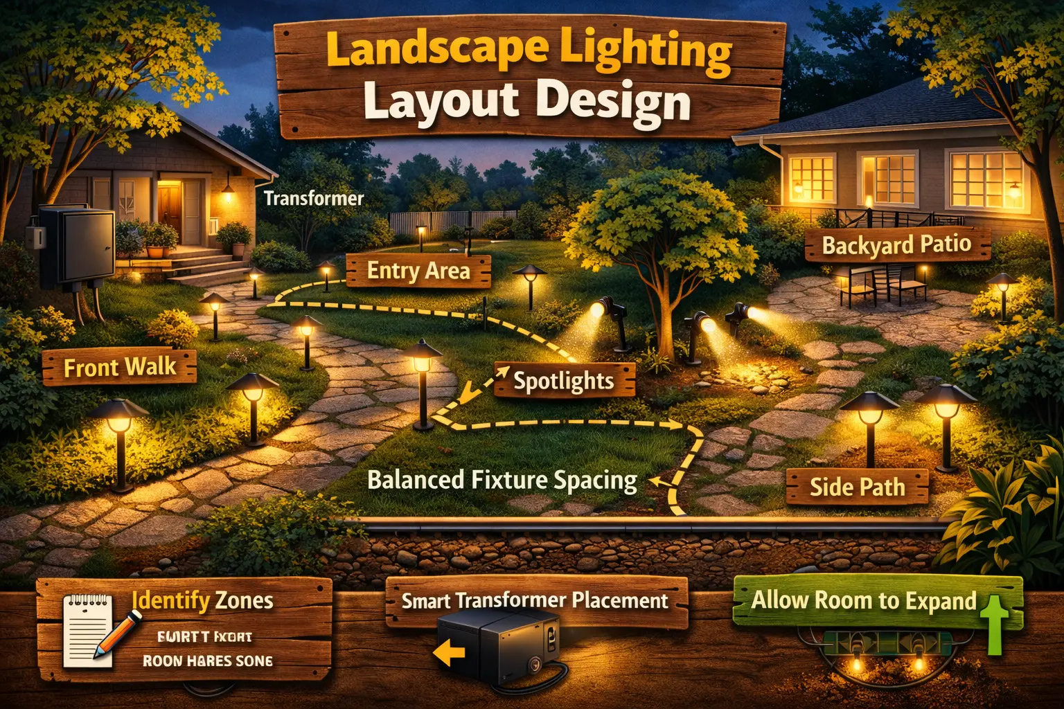 Landscape lighting layout design plan showing path lights, spotlights, and balanced outdoor lighting zones
