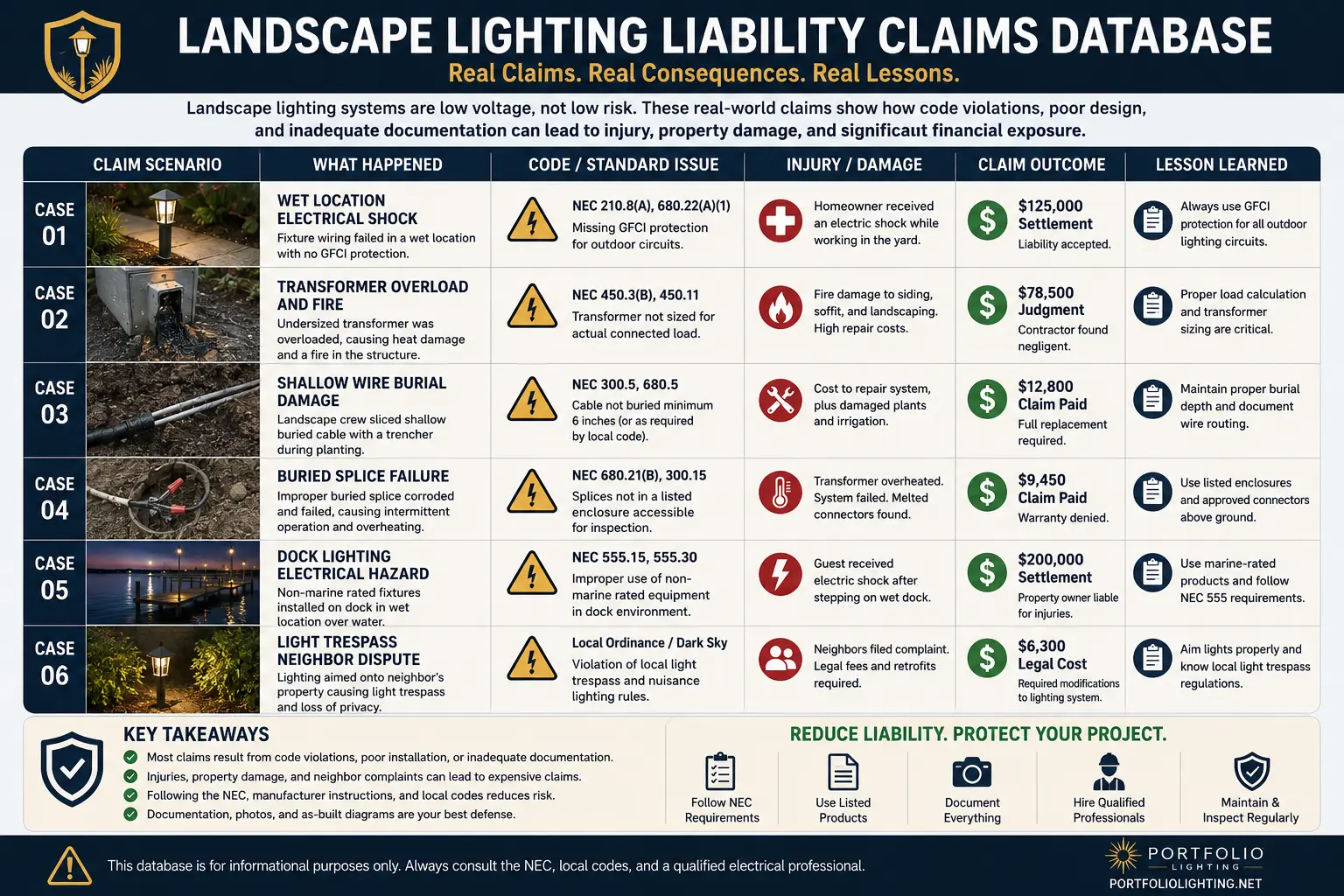 Landscape lighting liability claims database legal theories case patterns settlement ranges pool electrocution contractor defect utility strike light trespass