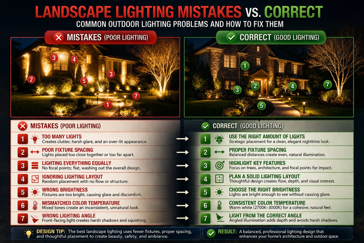 comparison of bad vs good landscape lighting design