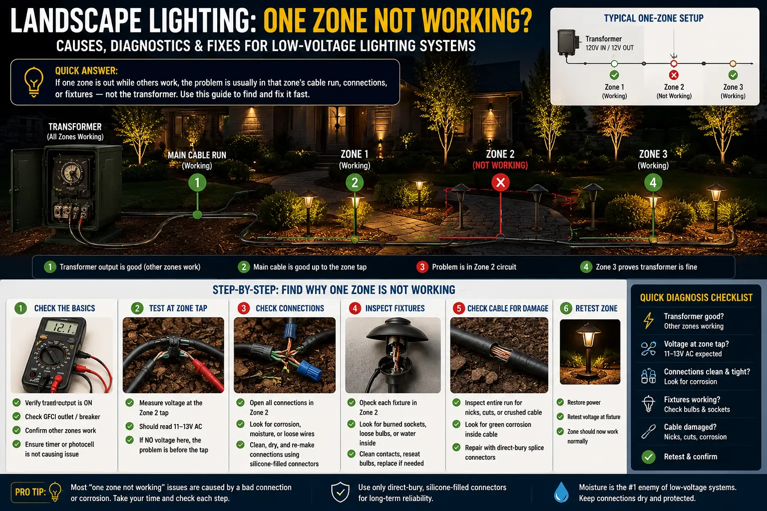 Landscape lighting one zone not working — diagnosis, transformer terminal test, wire short isolation, cut wire repair, breaker reset guide