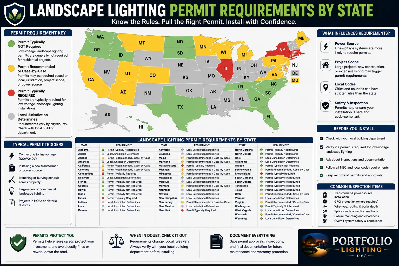 Landscape lighting permit requirements by state all 50 states NEC adoption licensing contractor homeowner exemption
