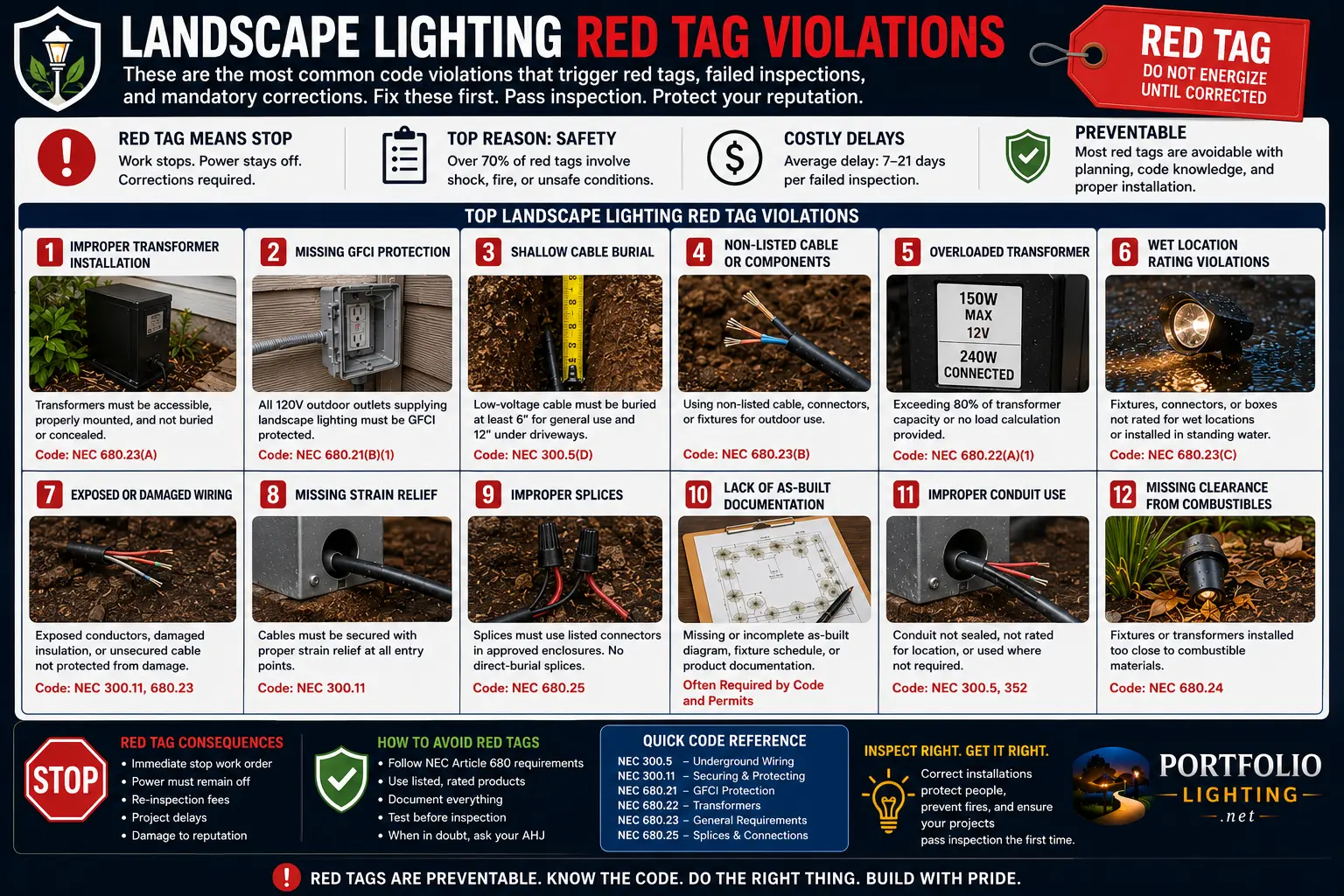 Landscape lighting red tag violations guide showing stop work inspection failures GFCI transformer splices cable burial wet locations permits and correction workflow