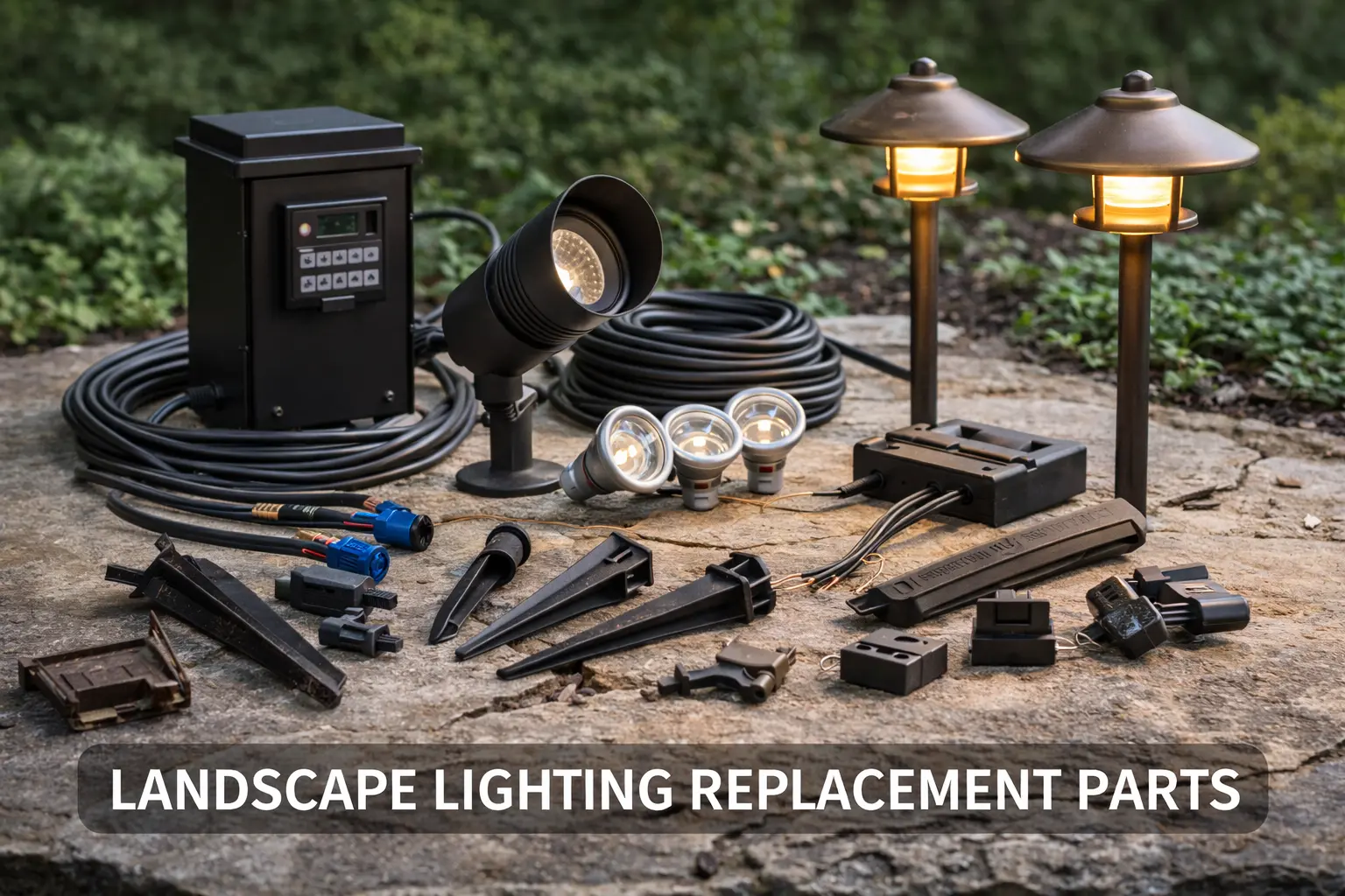 Landscape lighting replacement parts for Portfolio path lights, transformers, connectors, and low voltage outdoor lighting