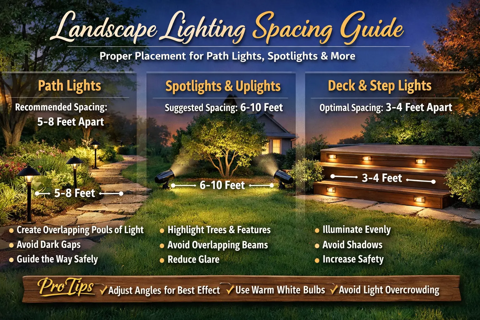 Landscape path lights spaced evenly along a residential walkway to show proper outdoor lighting spacing