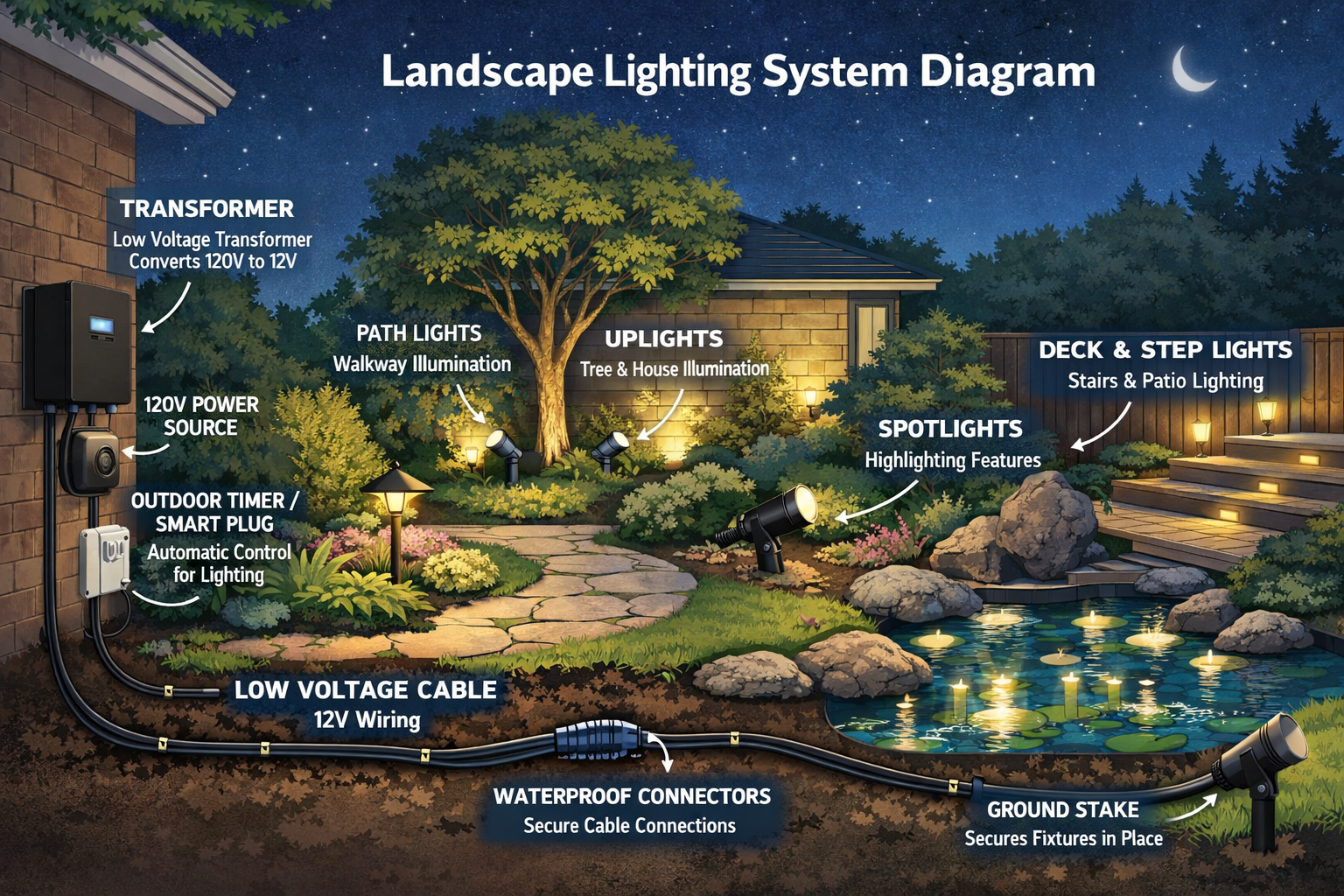 Landscape lighting system diagram showing house outlet, transformer, low-voltage cable, waterproof connectors, and outdoor light fixtures