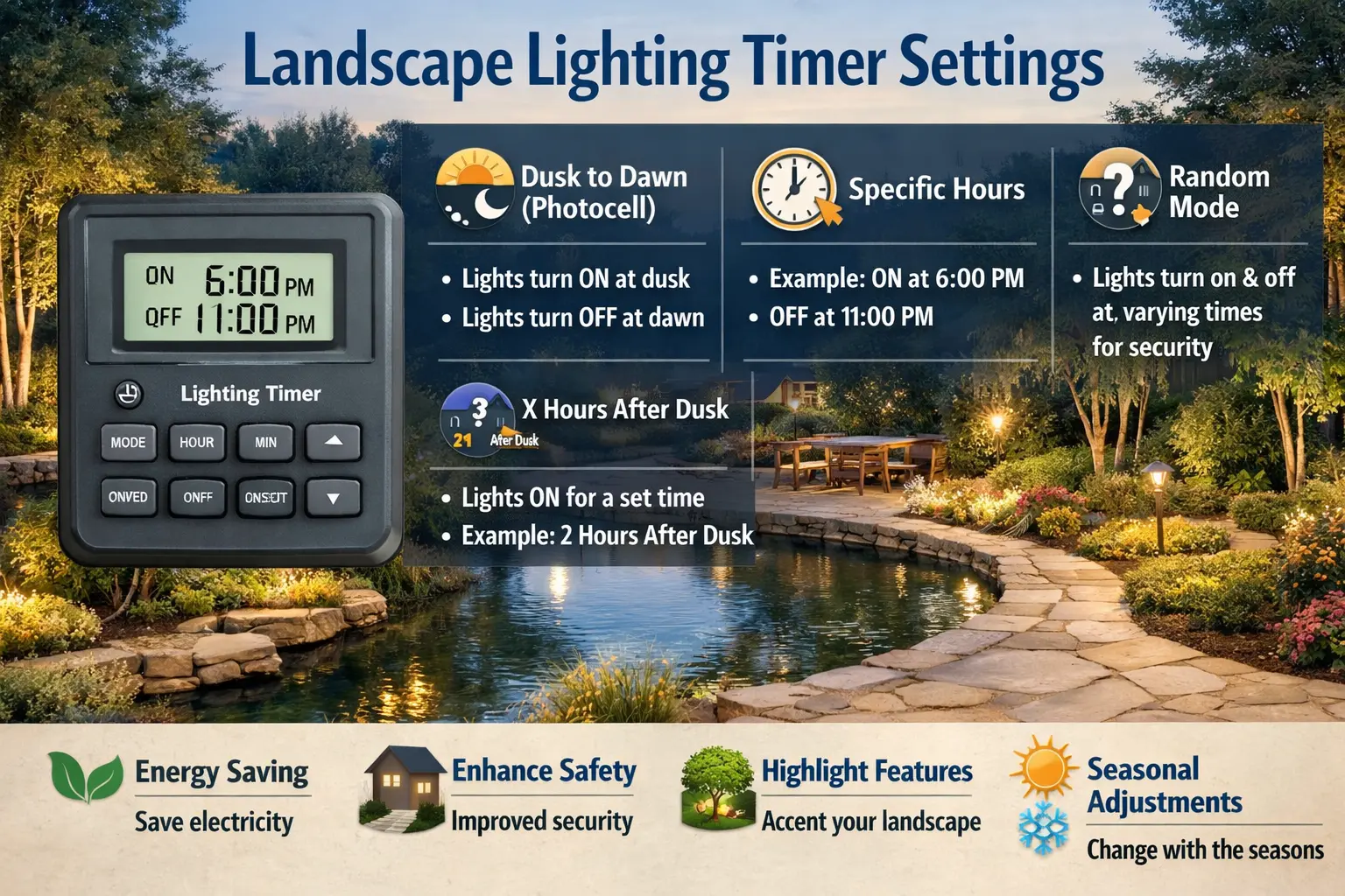 Wide landscape lighting timer settings hero image showing low voltage transformer timer, digital controls, and outdoor lighting schedule setup
