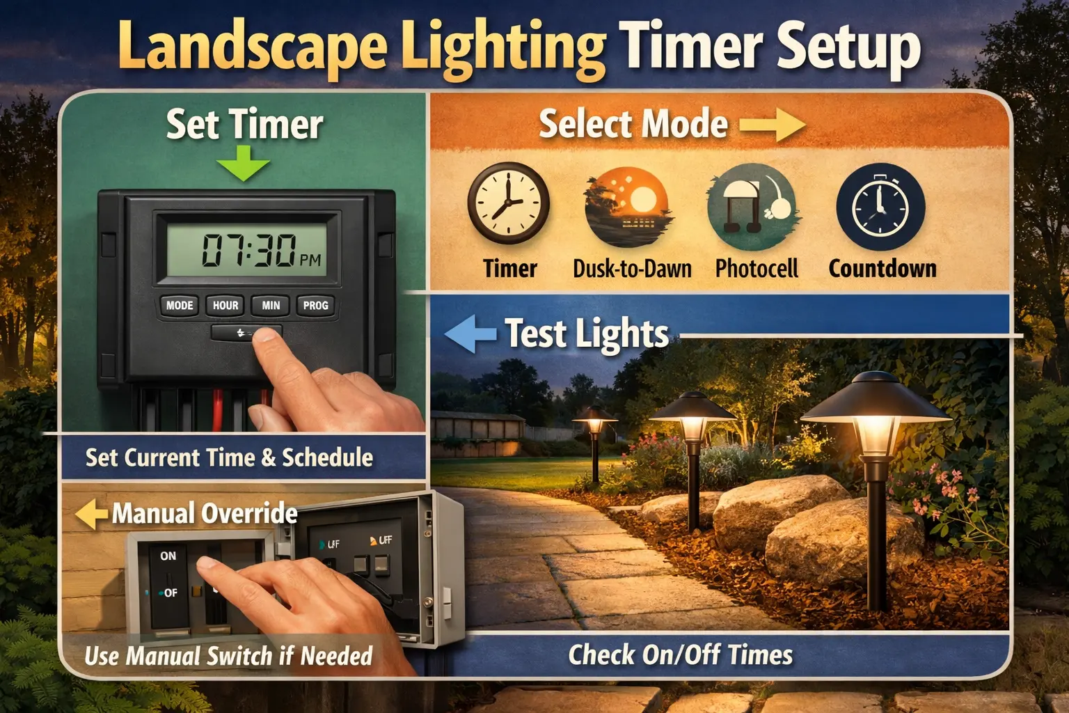 Low voltage landscape lighting transformer timer setup beside outdoor path lights at dusk