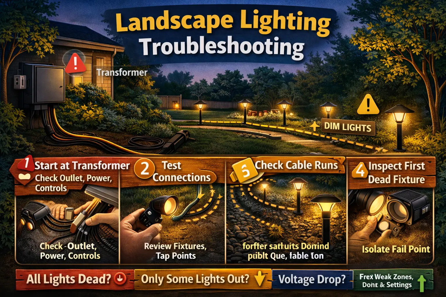 Low voltage landscape lighting troubleshooting scene with transformer, cable runs, and path lights at dusk