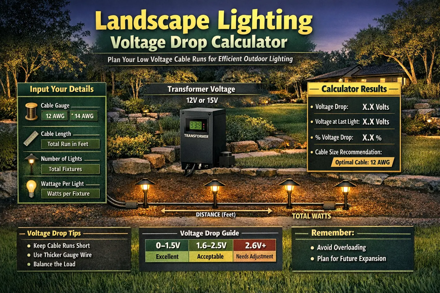 Landscape lighting voltage drop calculator for low voltage cable runs, transformers, path lights, and outdoor lighting planning