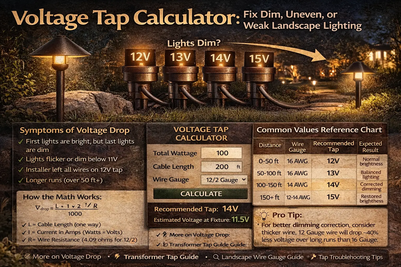Landscape lighting voltage tap calculator showing 12V, 13V, 14V, and 15V tap selection for dim or uneven lights