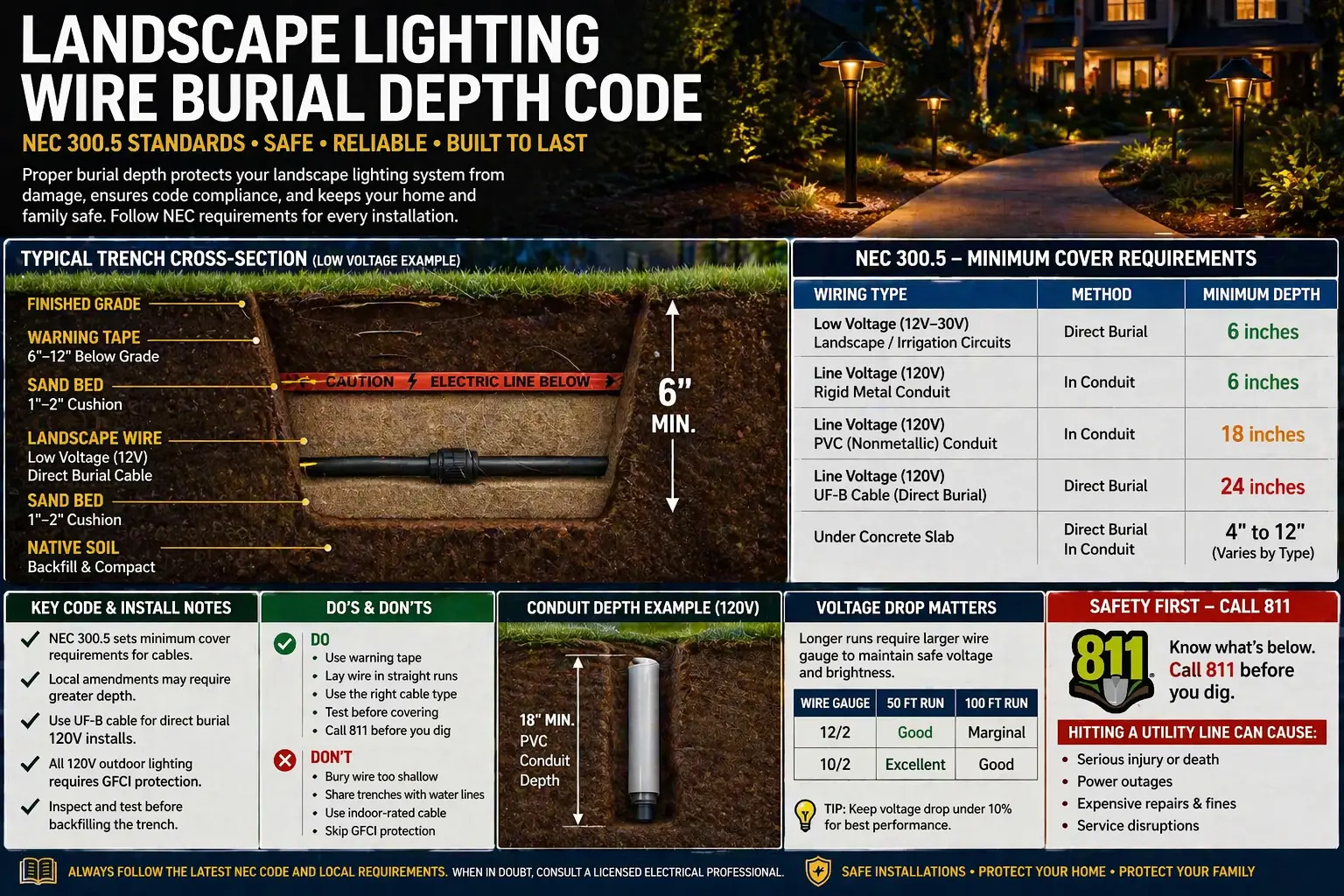 Cross-section diagram showing correct landscape lighting wire burial depth with soil layers, warning tape, and buried cable