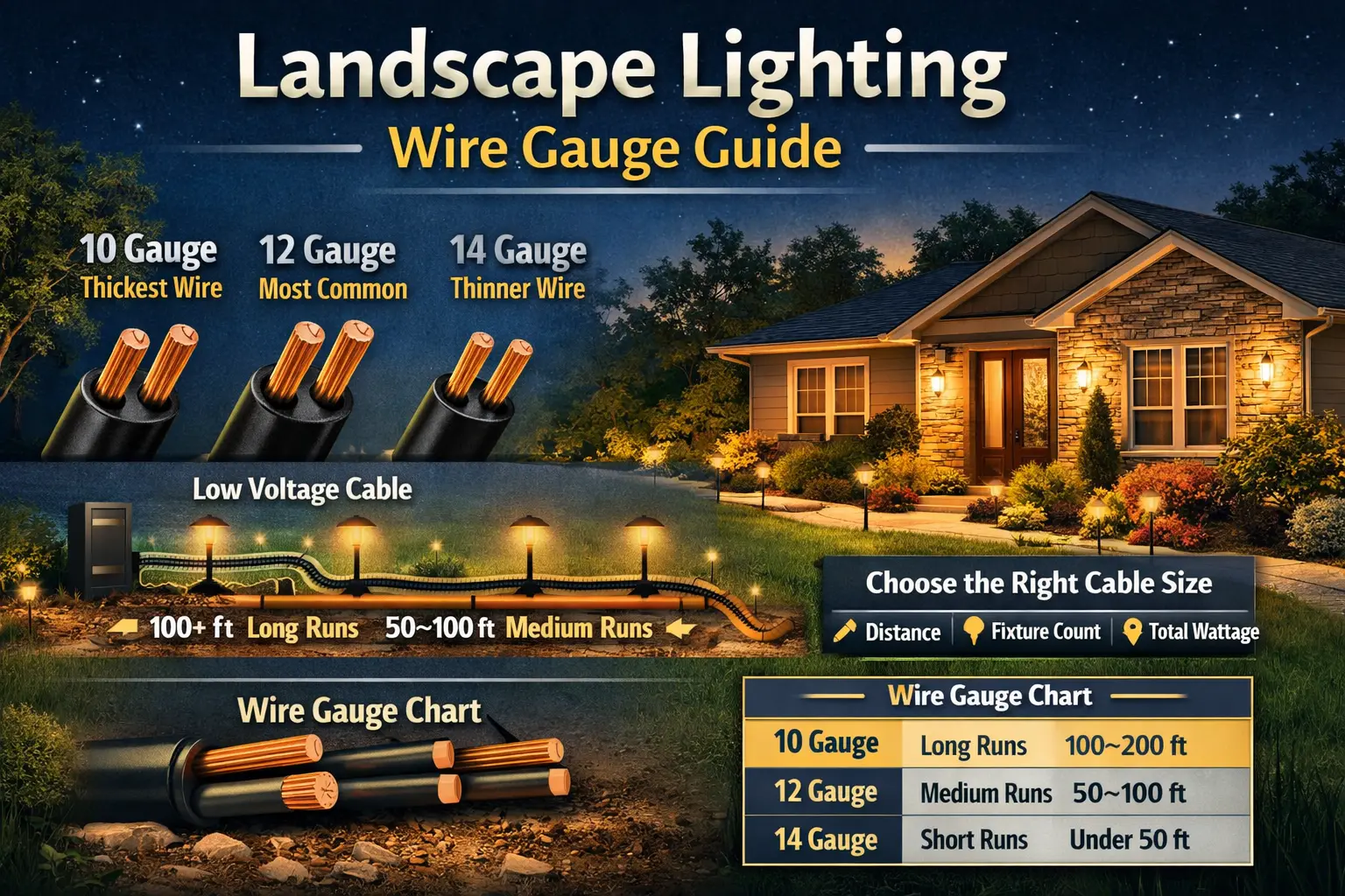 Landscape lighting wire gauge guide showing 10, 12, and 14 gauge low voltage cable sizes, outdoor lighting system layout, and chart for choosing wire based on distance and wattage