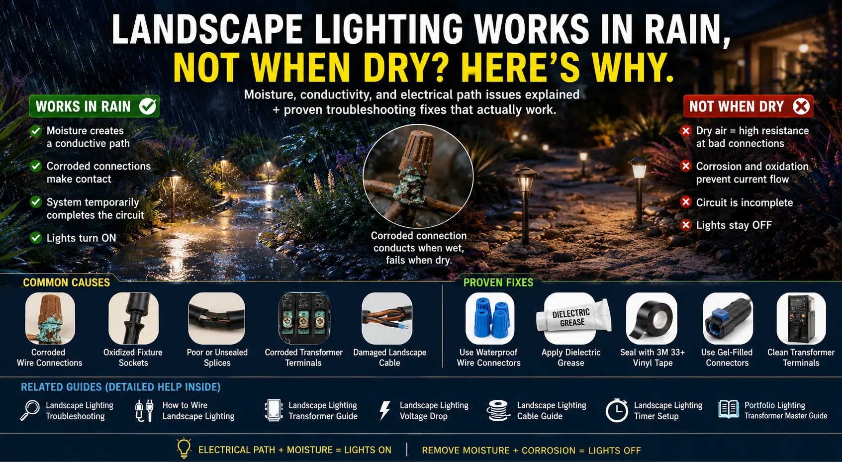 Low voltage landscape lighting system in wet mulch showing a hidden connector problem that works after rain but fails when dry