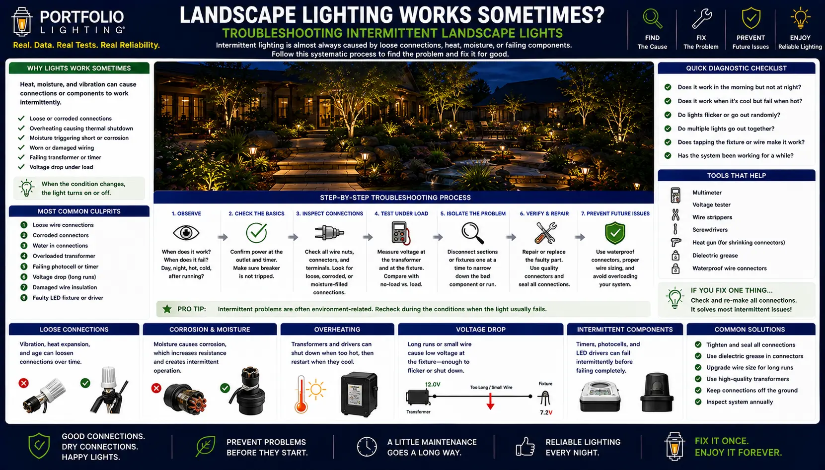 Landscape lighting diagnostic — technician testing intermittent fault with multimeter at transformer terminals while some fixtures illuminate and others do not