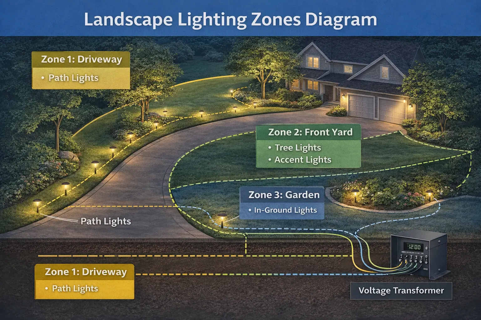 diagram showing landscape lighting zones with transformer and wiring layout