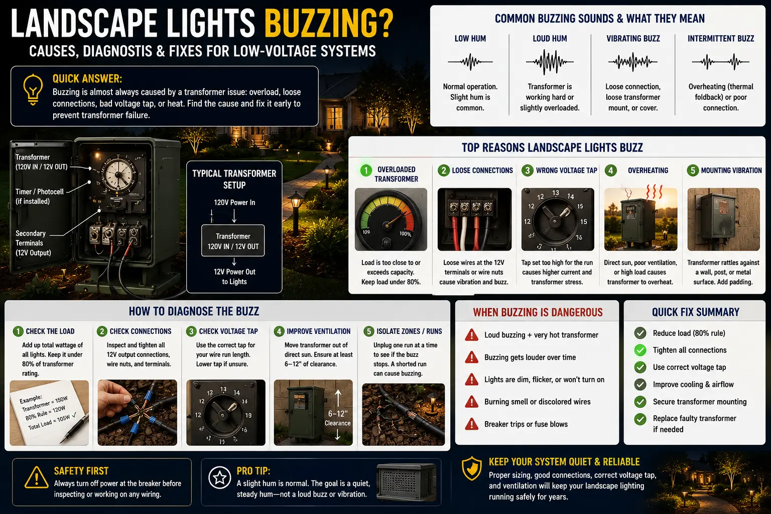Landscape lights buzzing — transformer magnetostriction, LED driver harmonics, EI core vs toroidal, overload, danger signals, complete fix guide