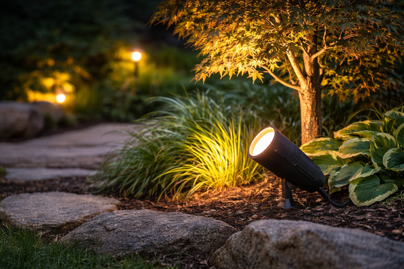 Landscape spotlights in garden with low voltage outdoor lighting