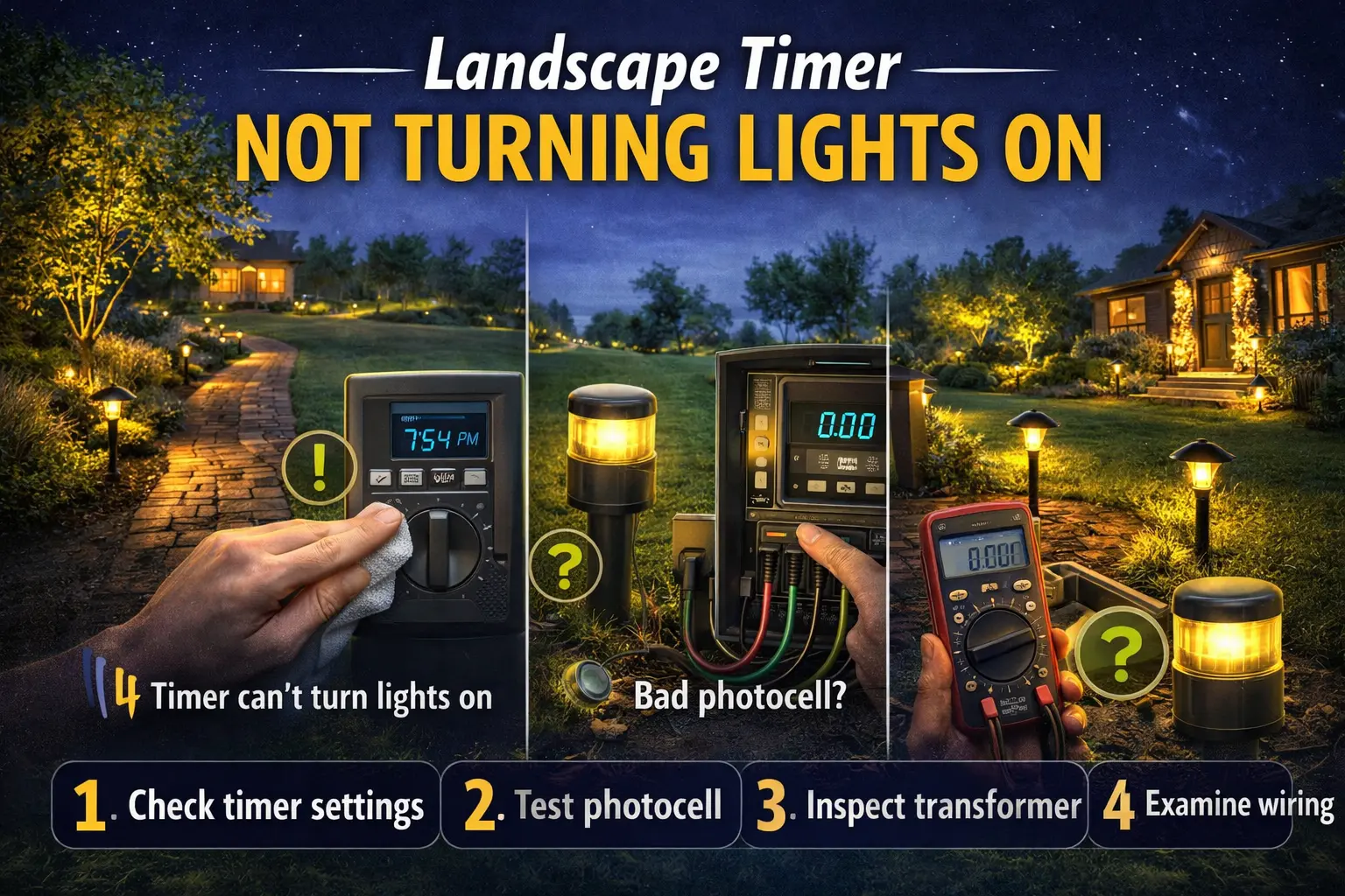 Wide landscape timer not turning lights on troubleshooting image showing transformer timer, schedule controls, wiring, and low voltage outdoor lights that will not turn on