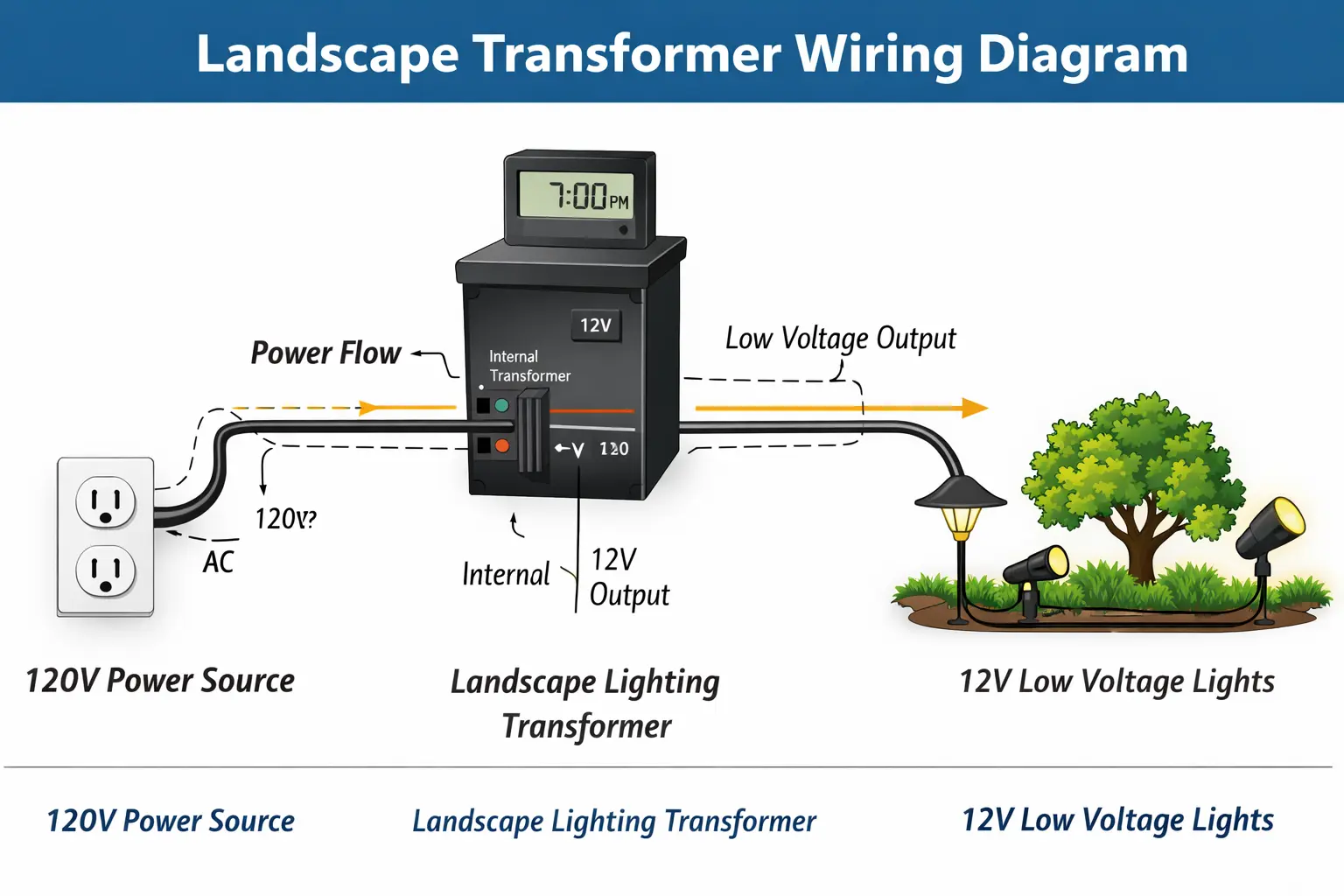 diagram showing landscape lighting transformer wiring and power flow