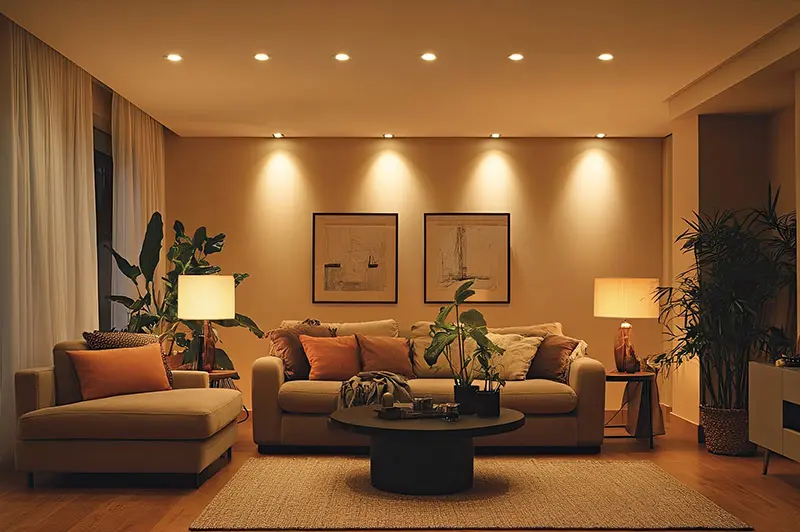 Layered living room lighting example with lamps sconces and accent lighting