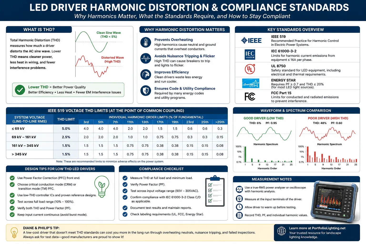 LED driver harmonic distortion compliance diagram showing distorted current waveform, THD measurement, power factor, neutral loading, and standards