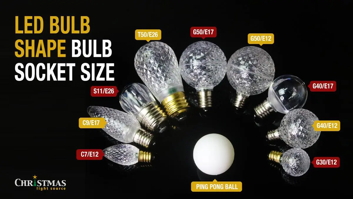 LED holiday bulb replacement guide showing C7 E12, C9 E17, M5, T5, 5mm wide-angle bulbs, voltage labels, and warm white color matching