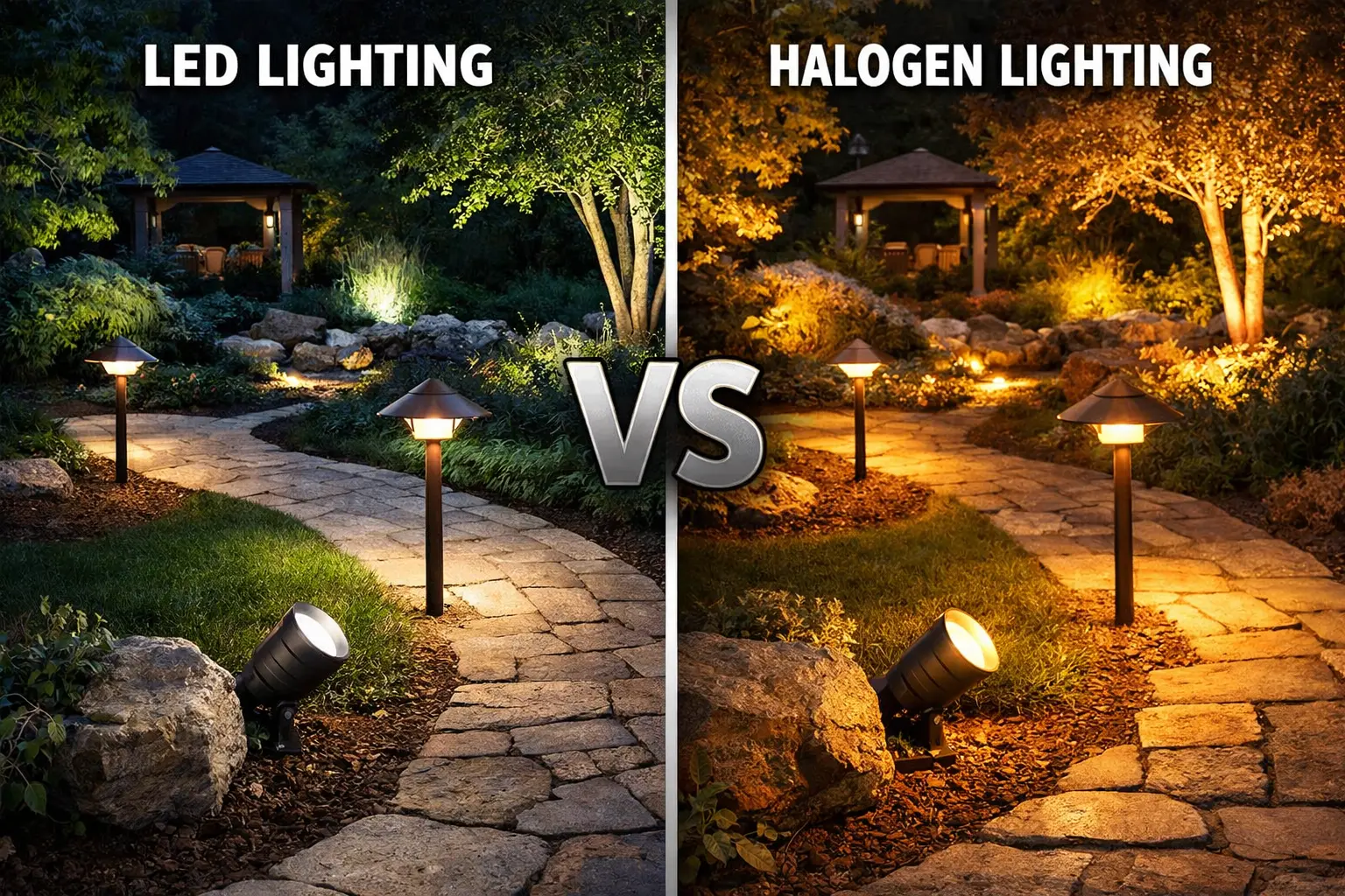LED vs halogen landscape lighting comparison with warm path lights, accent spotlights, low voltage outdoor fixtures, and night landscape illumination