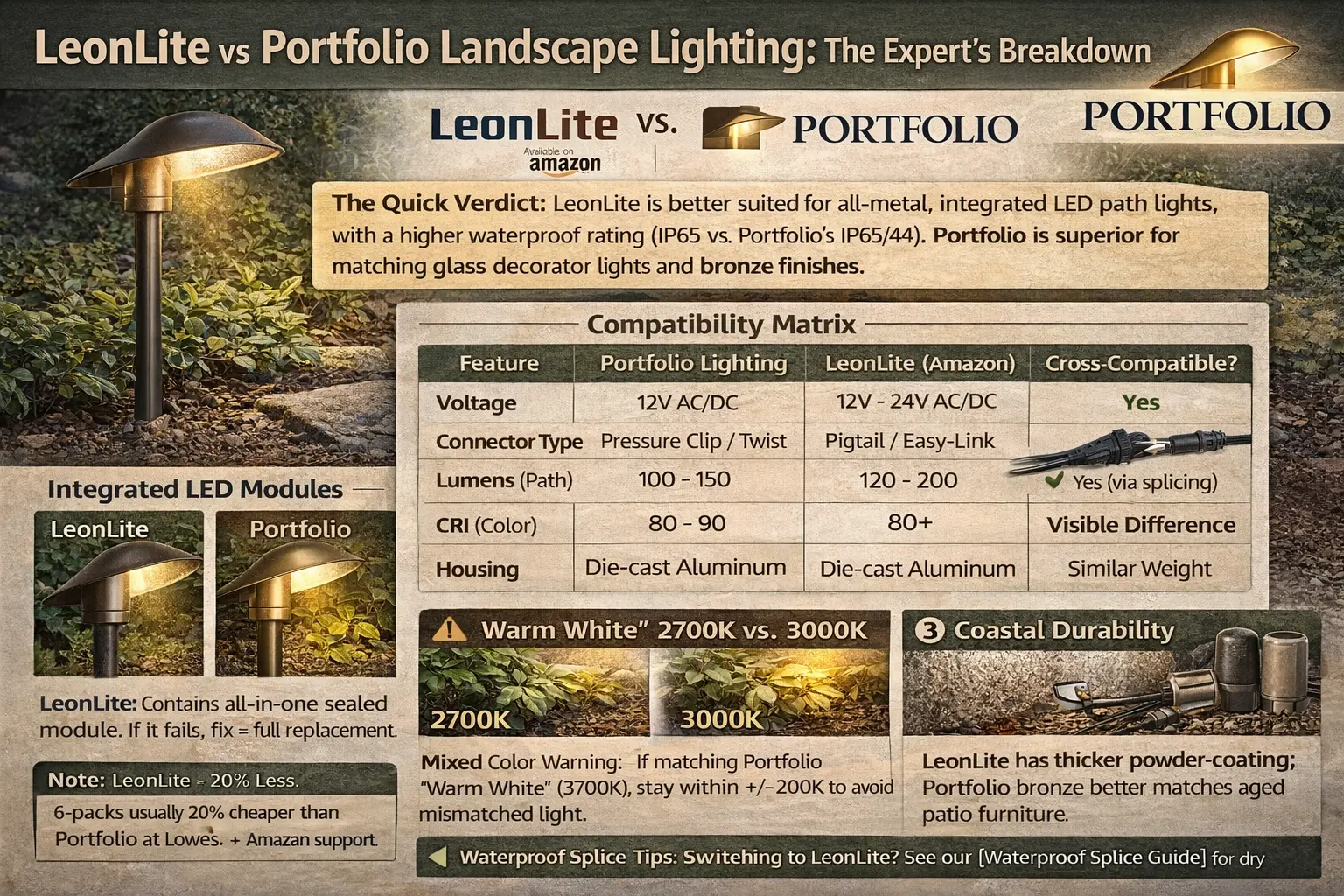 Side-by-side comparison of Portfolio bronze path light and LeonLite black LED spotlight showing wire pigtails
