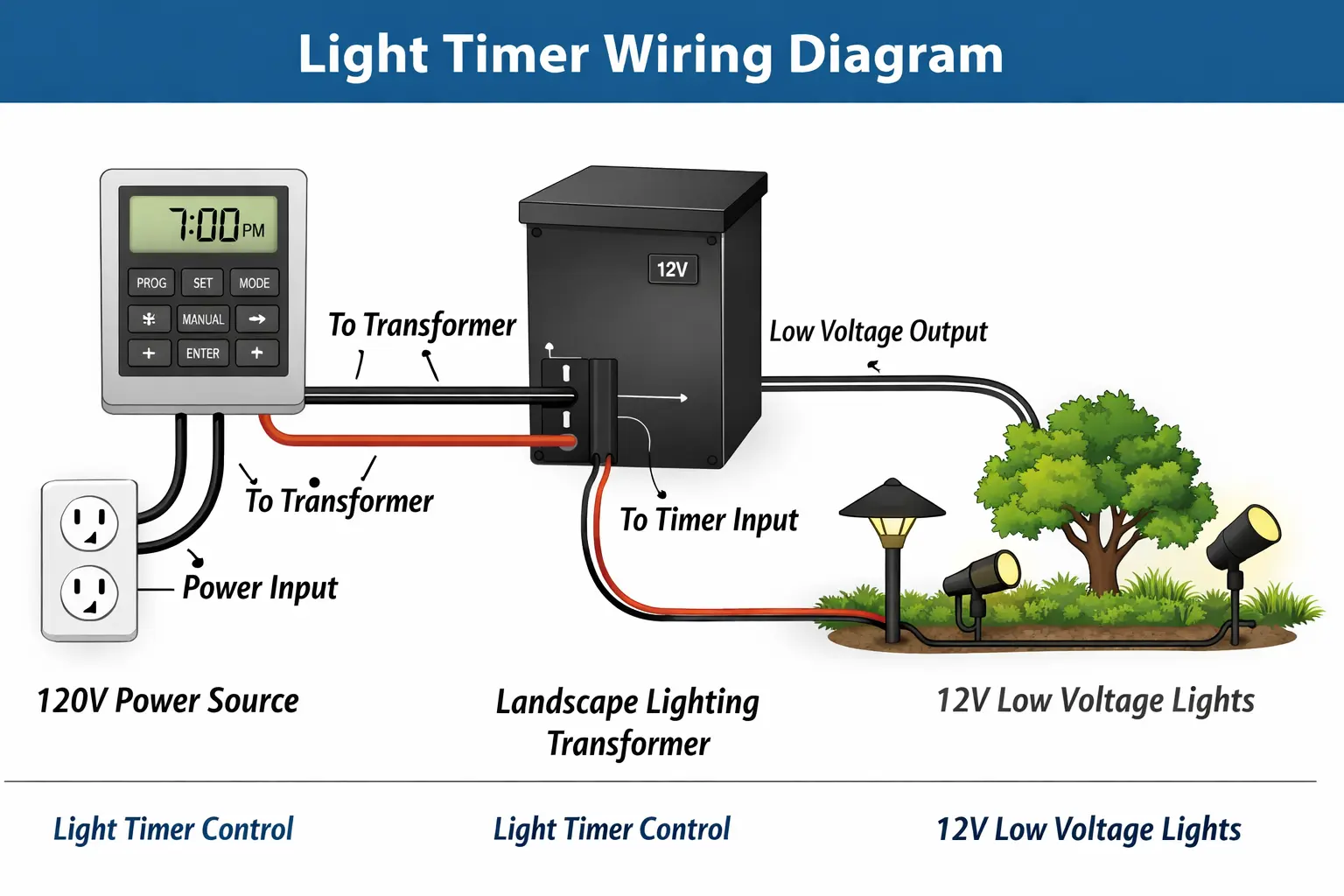 diagram showing how light timer connects to transformer and lighting system