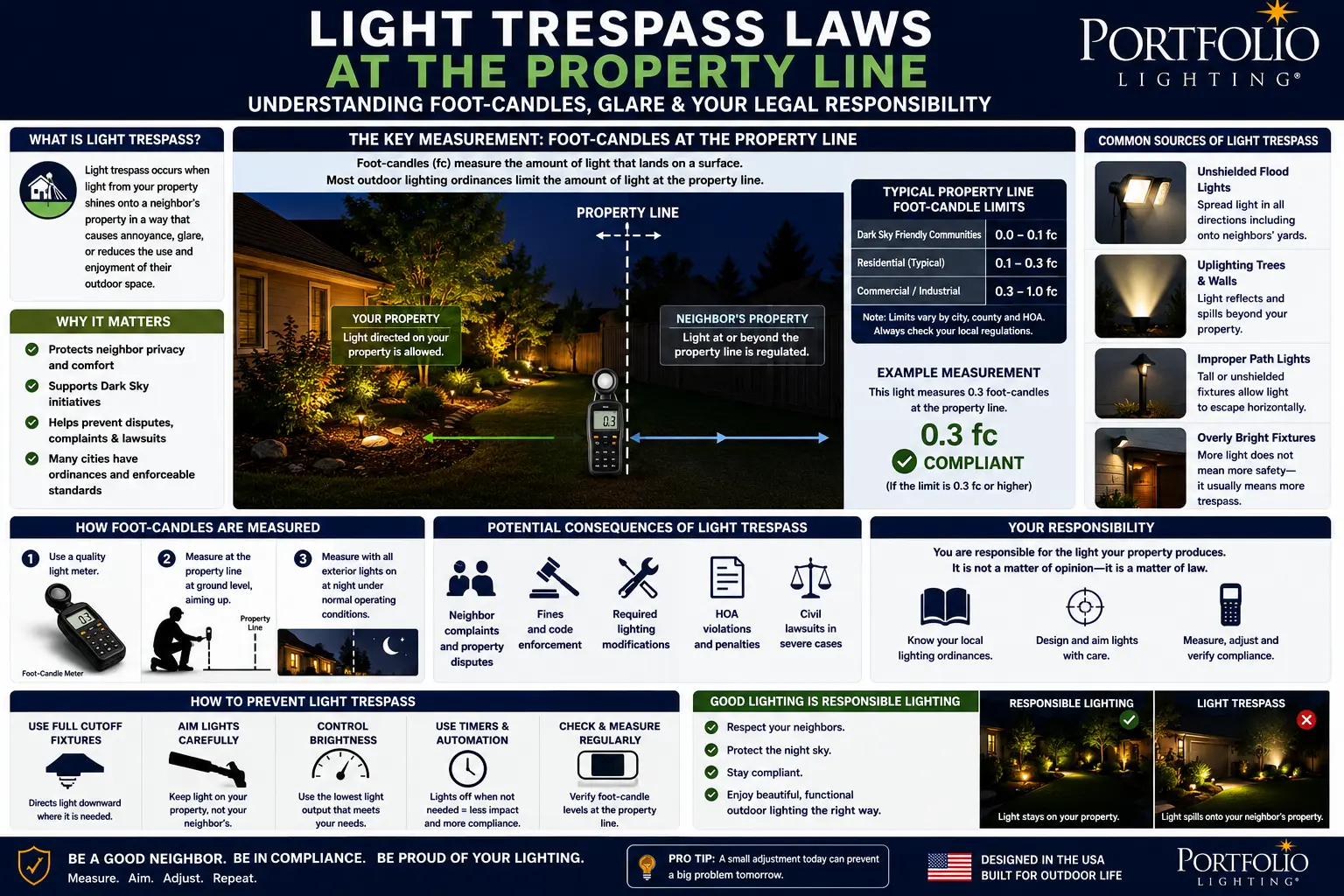 Light trespass laws property line foot candle limits ordinance violation neighbor dispute landscape lighting legal rights photometric plan