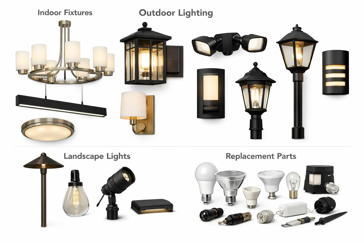 Portfolio lighting products including indoor fixtures, outdoor lighting, landscape lights, and replacement parts