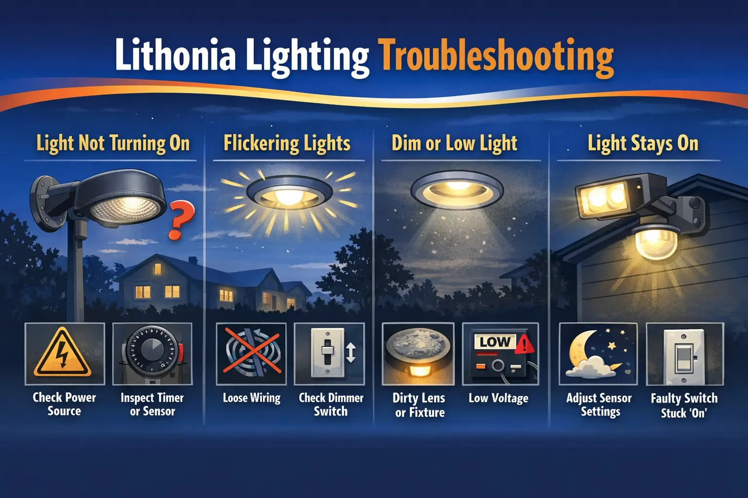Lithonia lighting troubleshooting for LED fixtures, motion lights, shop lights, outdoor security lights, and common lighting problems