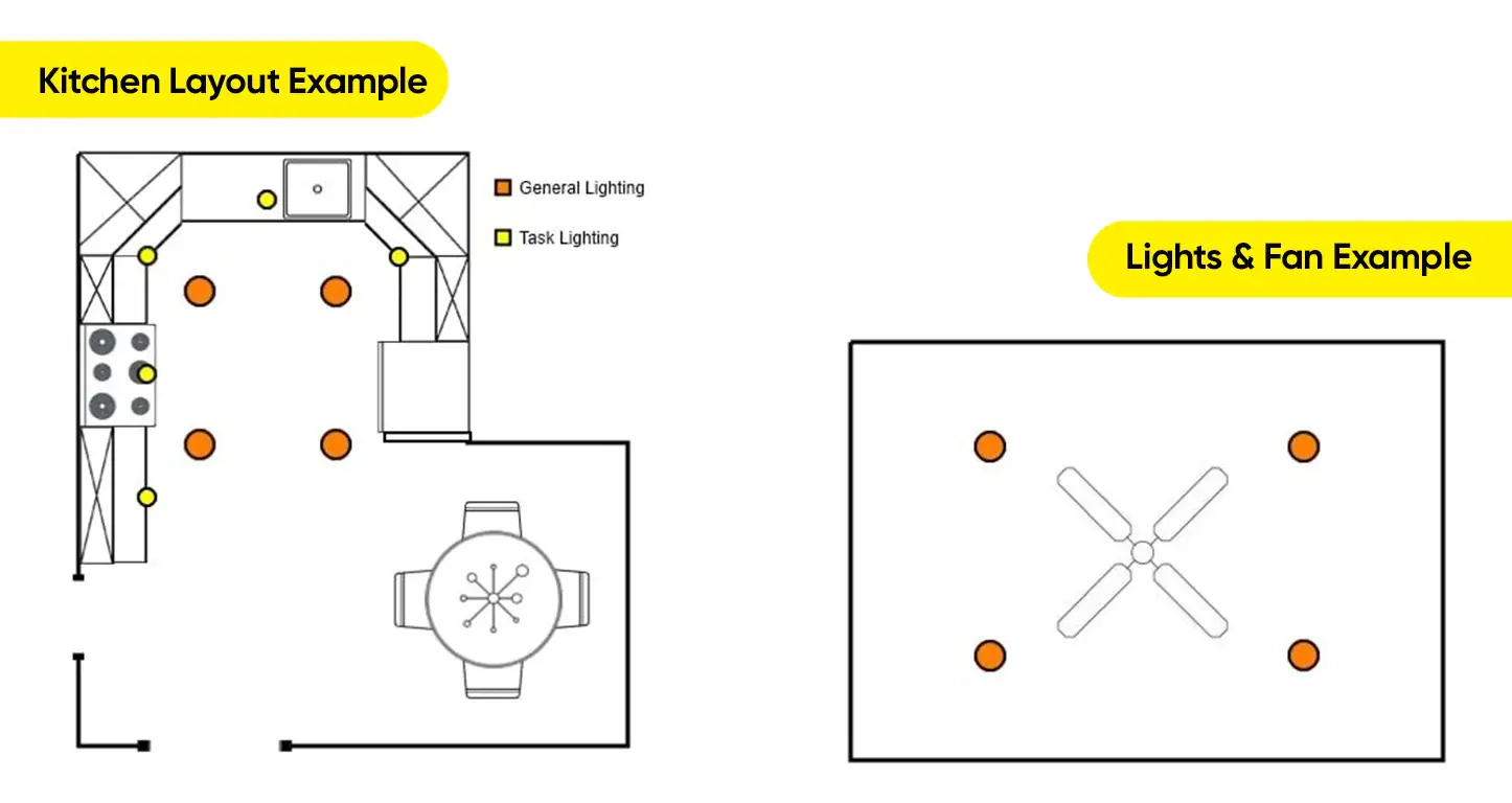 Living room lighting spacing diagram with recessed lights wall mounts and task lamp